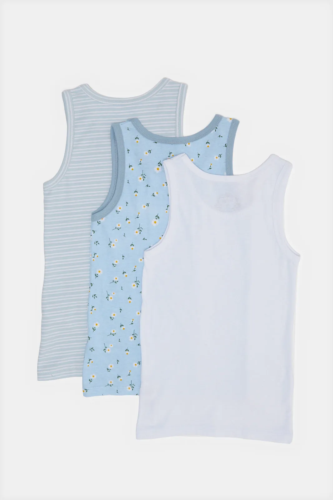 Girls Blue Solid And Print Vest Set (Pack of 3)