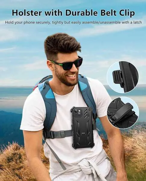 iPhone 14 Plus 6.7 inches Heavy Duty Cover Rugged Belt Clip Holster with Kickstand