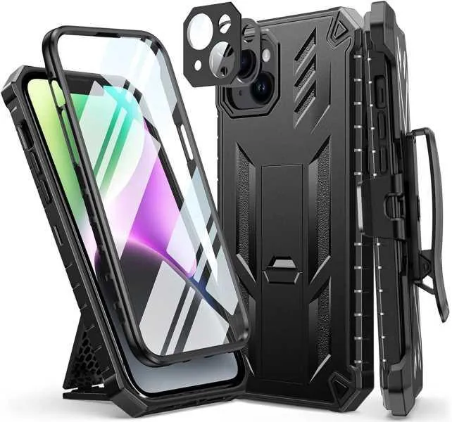 iPhone 14 Plus 6.7 inches Heavy Duty Cover Rugged Belt Clip Holster with Kickstand