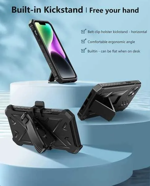 iPhone 14 Plus 6.7 inches Heavy Duty Cover Rugged Belt Clip Holster with Kickstand