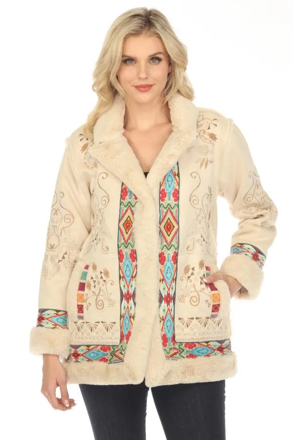 Johnny Was Cream Hepburn Ski Embroidered Faux Fur Coat Boho Chic R48523