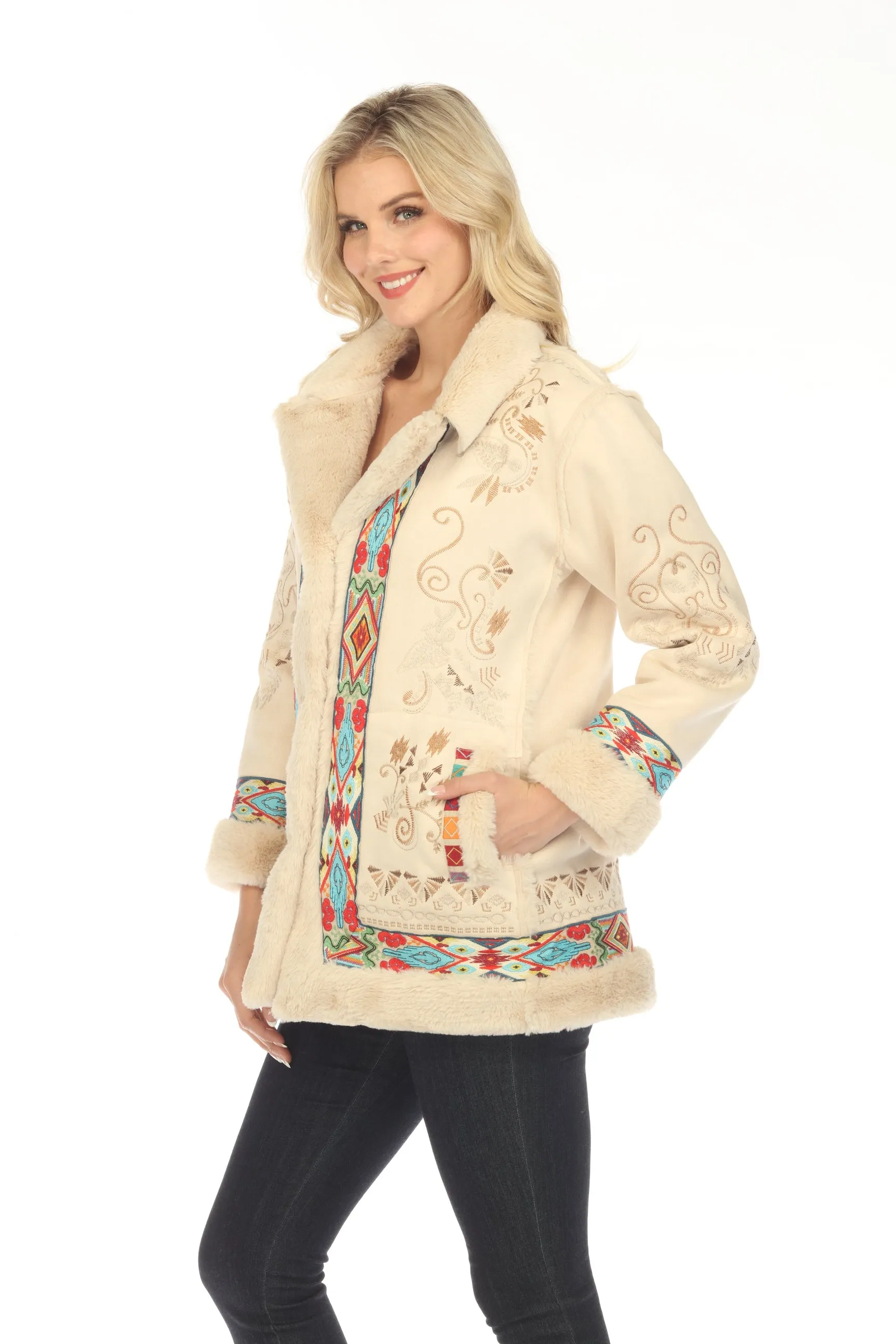 Johnny Was Cream Hepburn Ski Embroidered Faux Fur Coat Boho Chic R48523