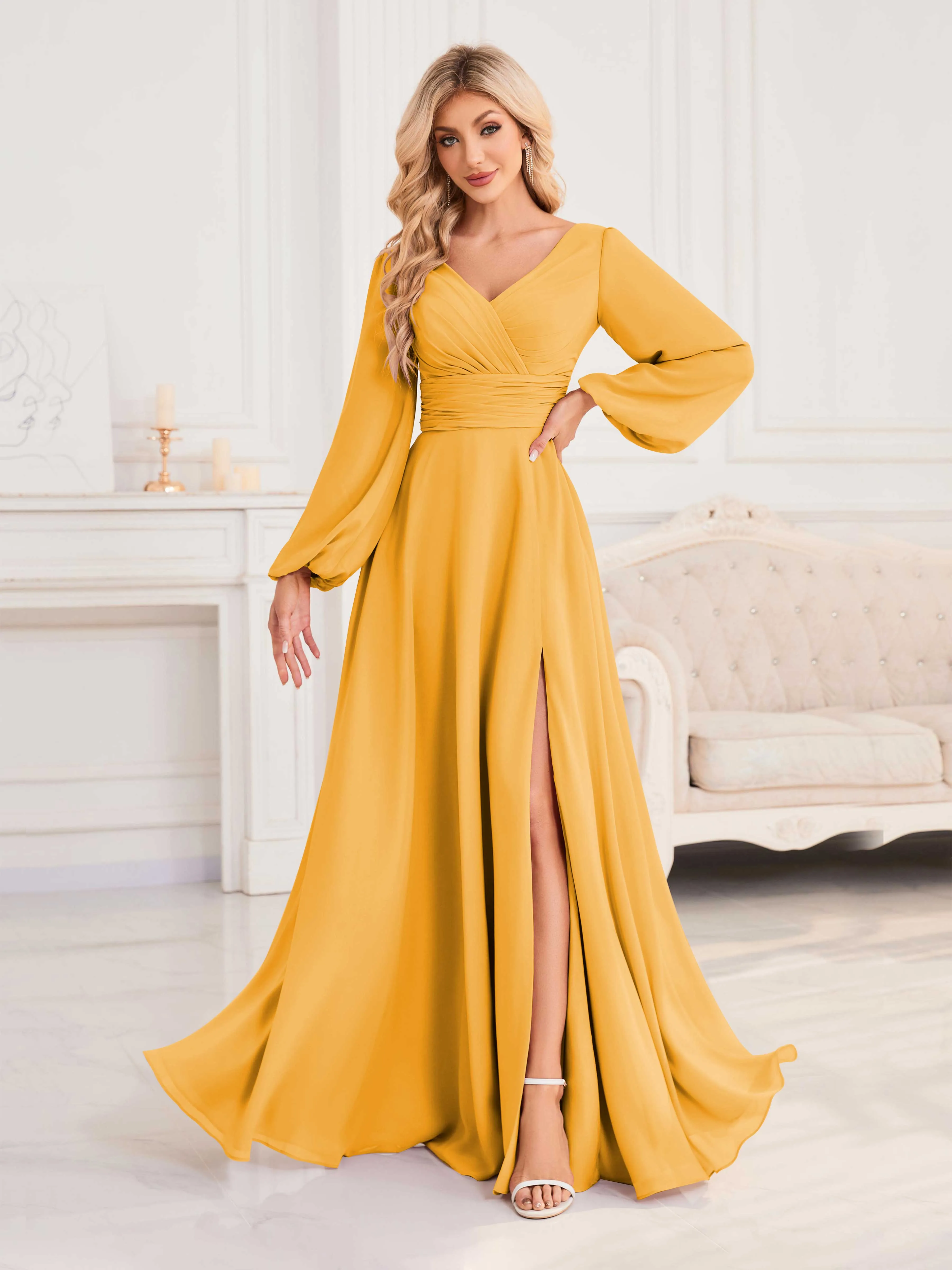 Julie A-Line V Neck Long Sleeves Slit Floor Length Chiffon Bridesmaid Dresses