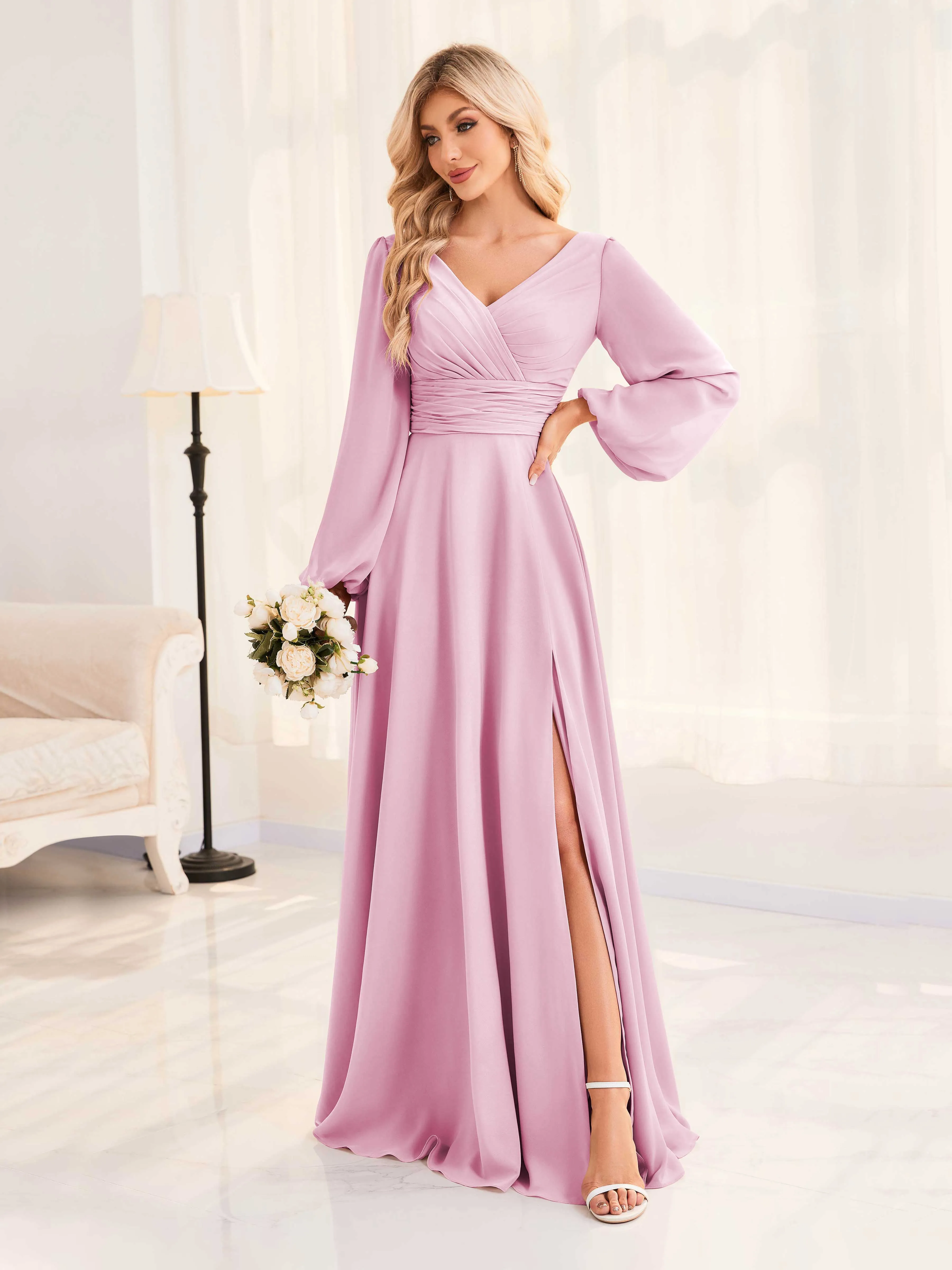 Julie A-Line V Neck Long Sleeves Slit Floor Length Chiffon Bridesmaid Dresses