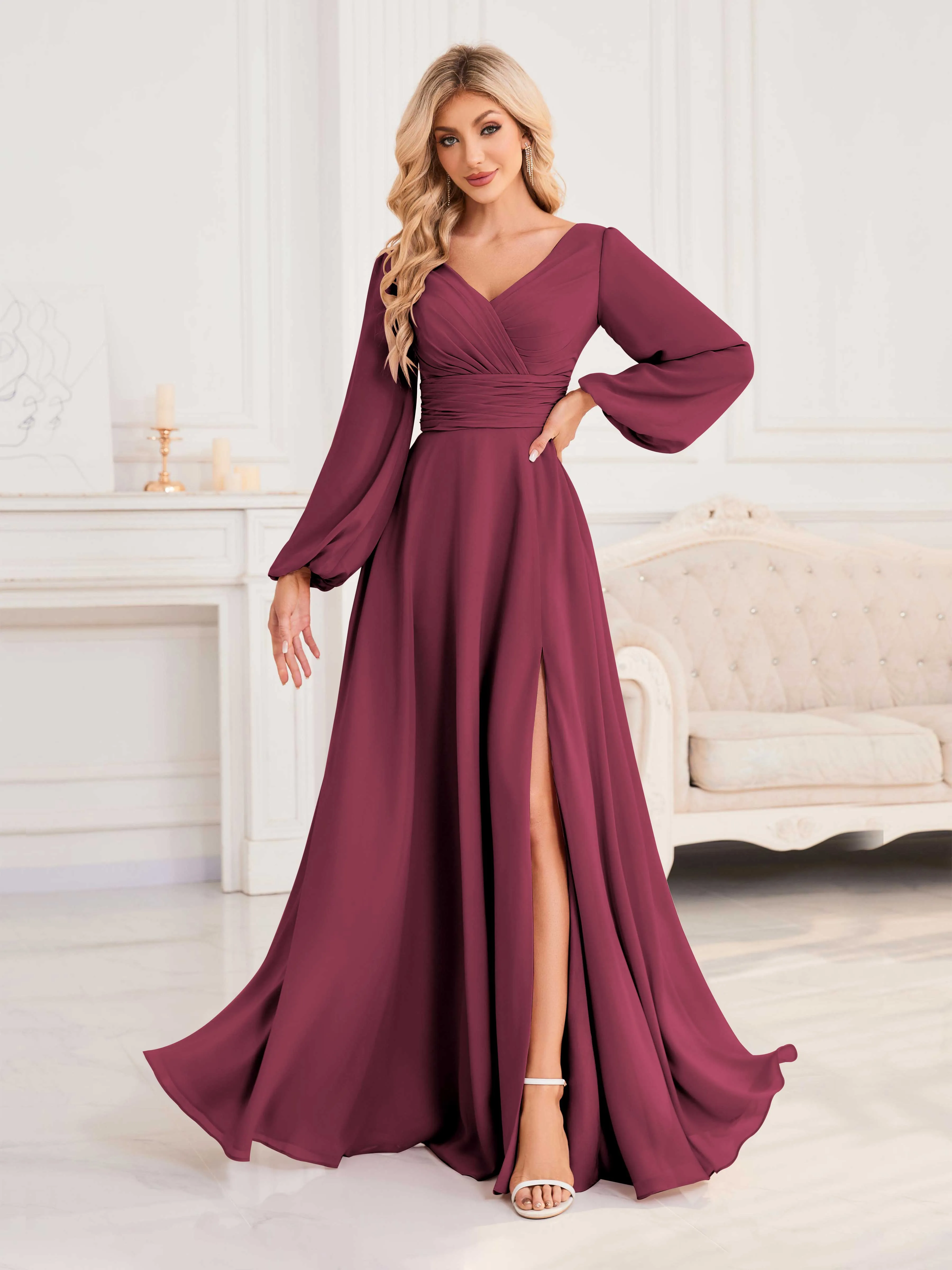 Julie A-Line V Neck Long Sleeves Slit Floor Length Chiffon Bridesmaid Dresses