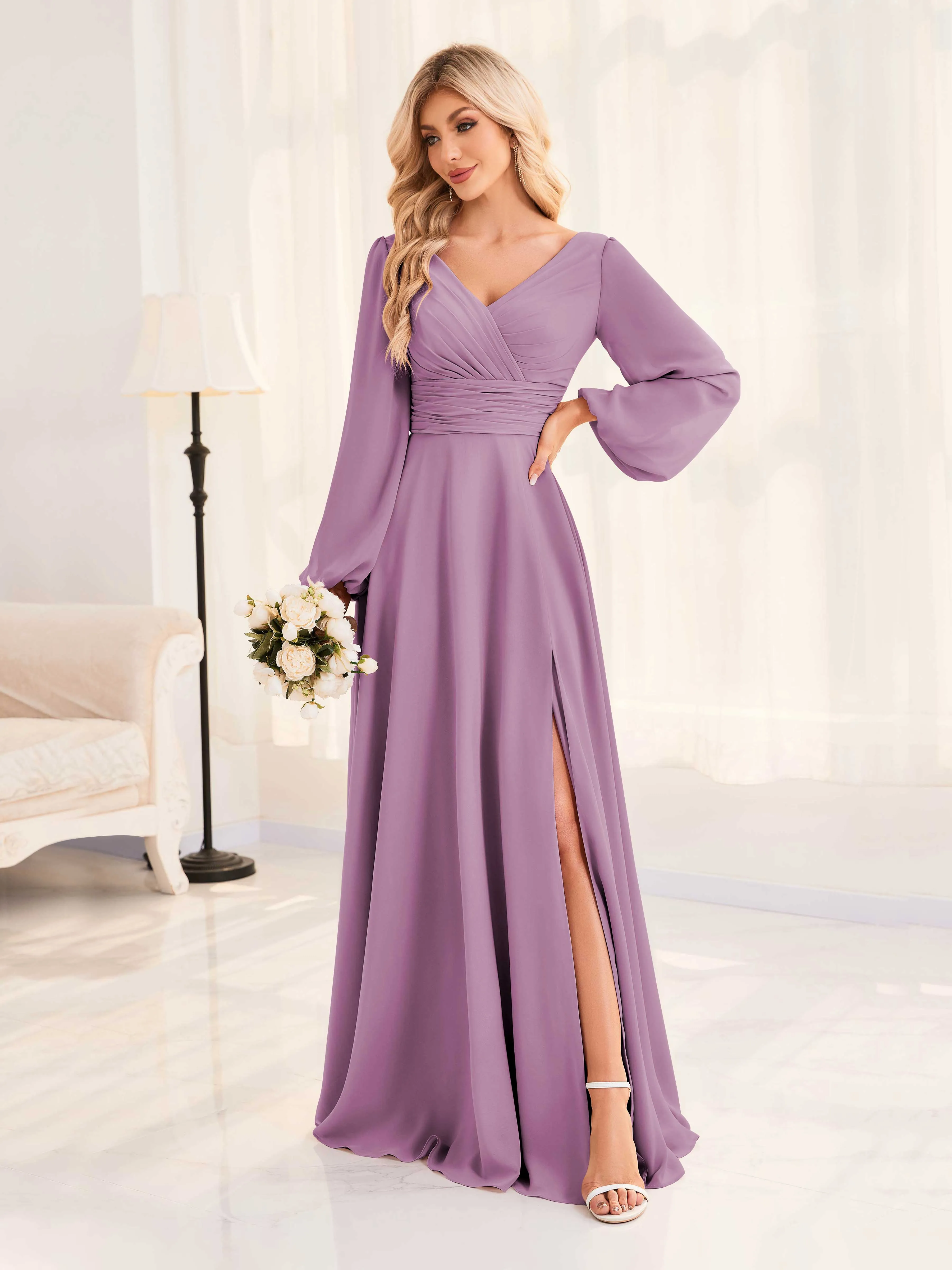 Julie A-Line V Neck Long Sleeves Slit Floor Length Chiffon Bridesmaid Dresses