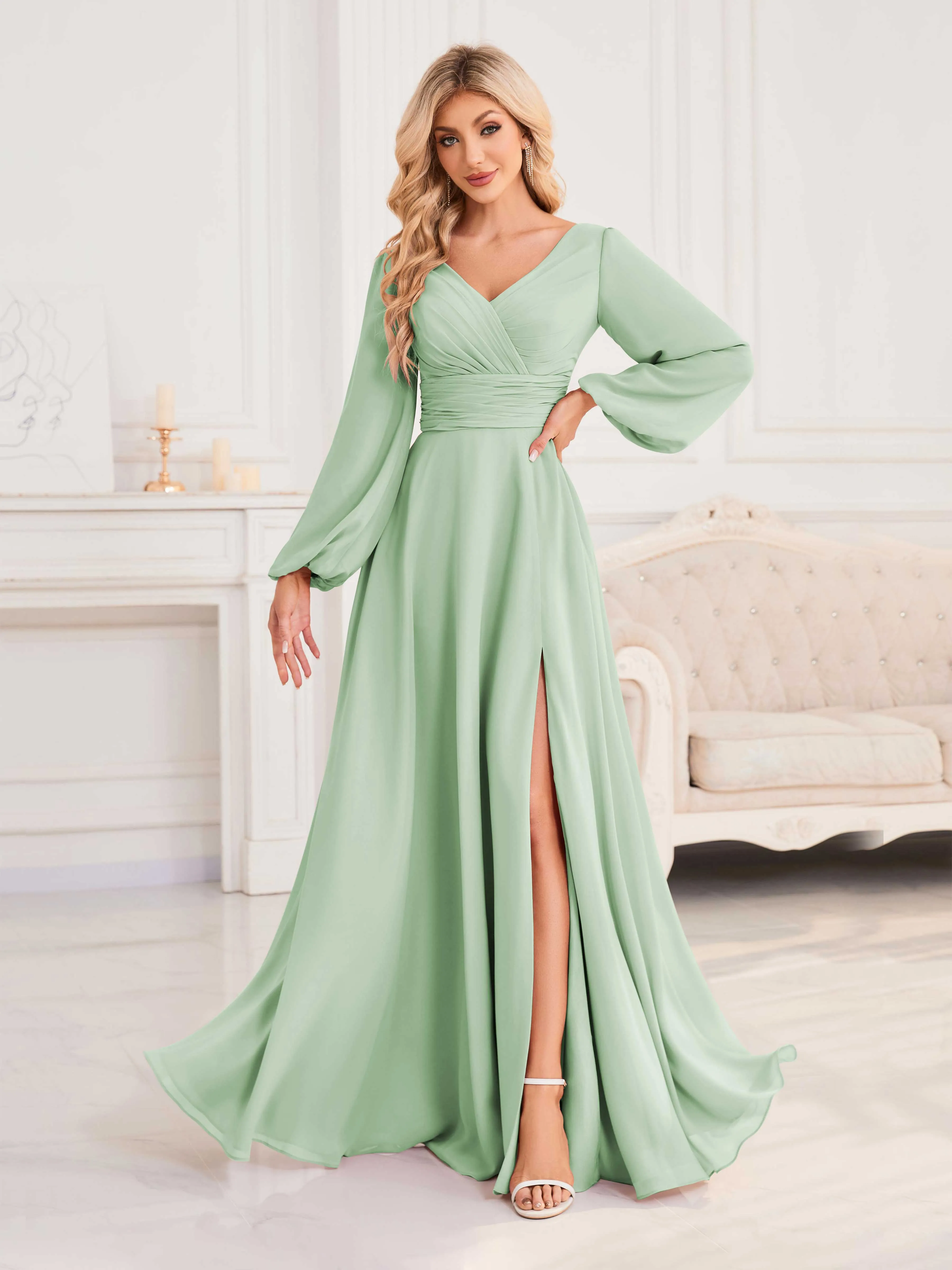 Julie A-Line V Neck Long Sleeves Slit Floor Length Chiffon Bridesmaid Dresses