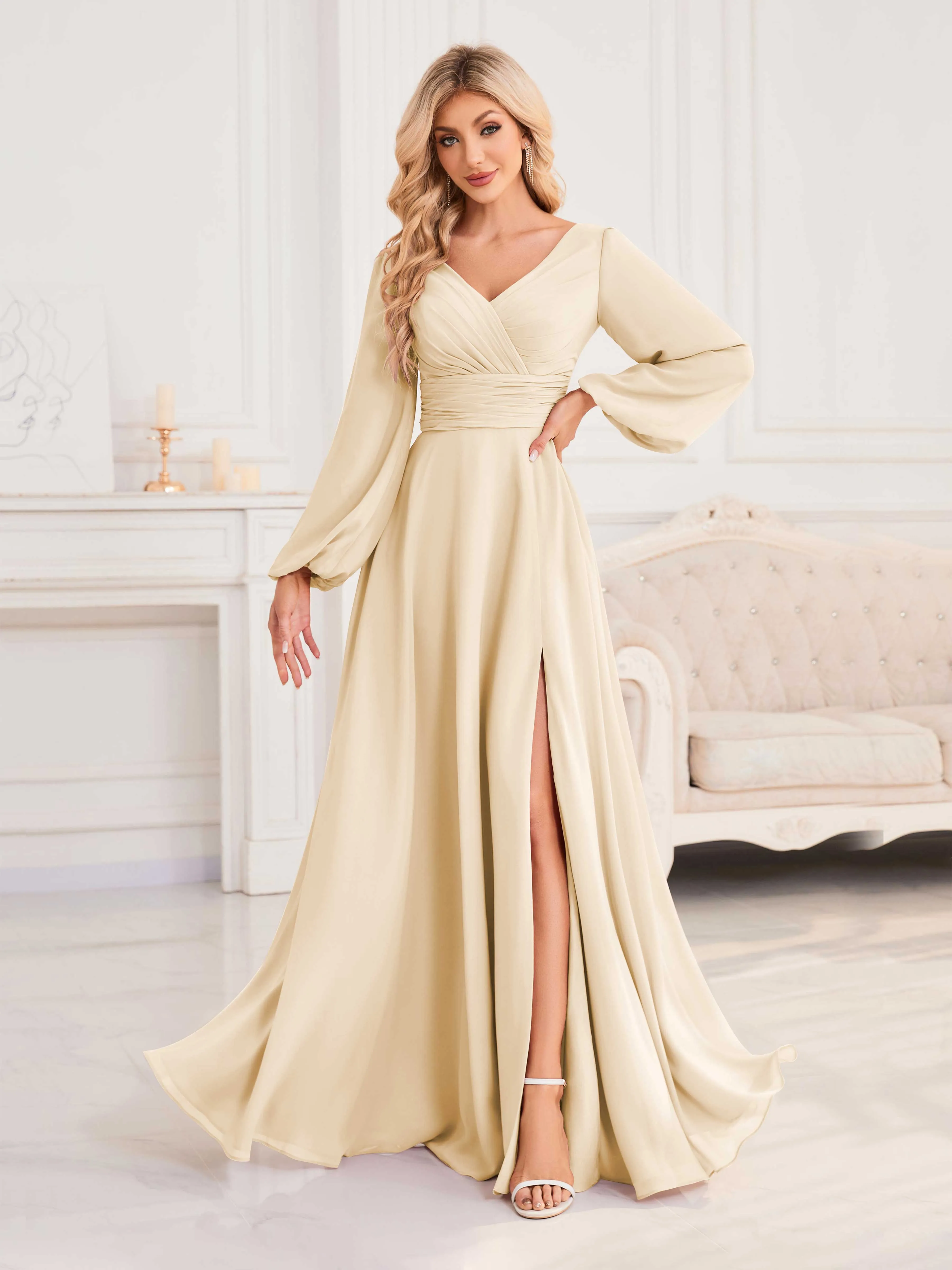 Julie A-Line V Neck Long Sleeves Slit Floor Length Chiffon Bridesmaid Dresses