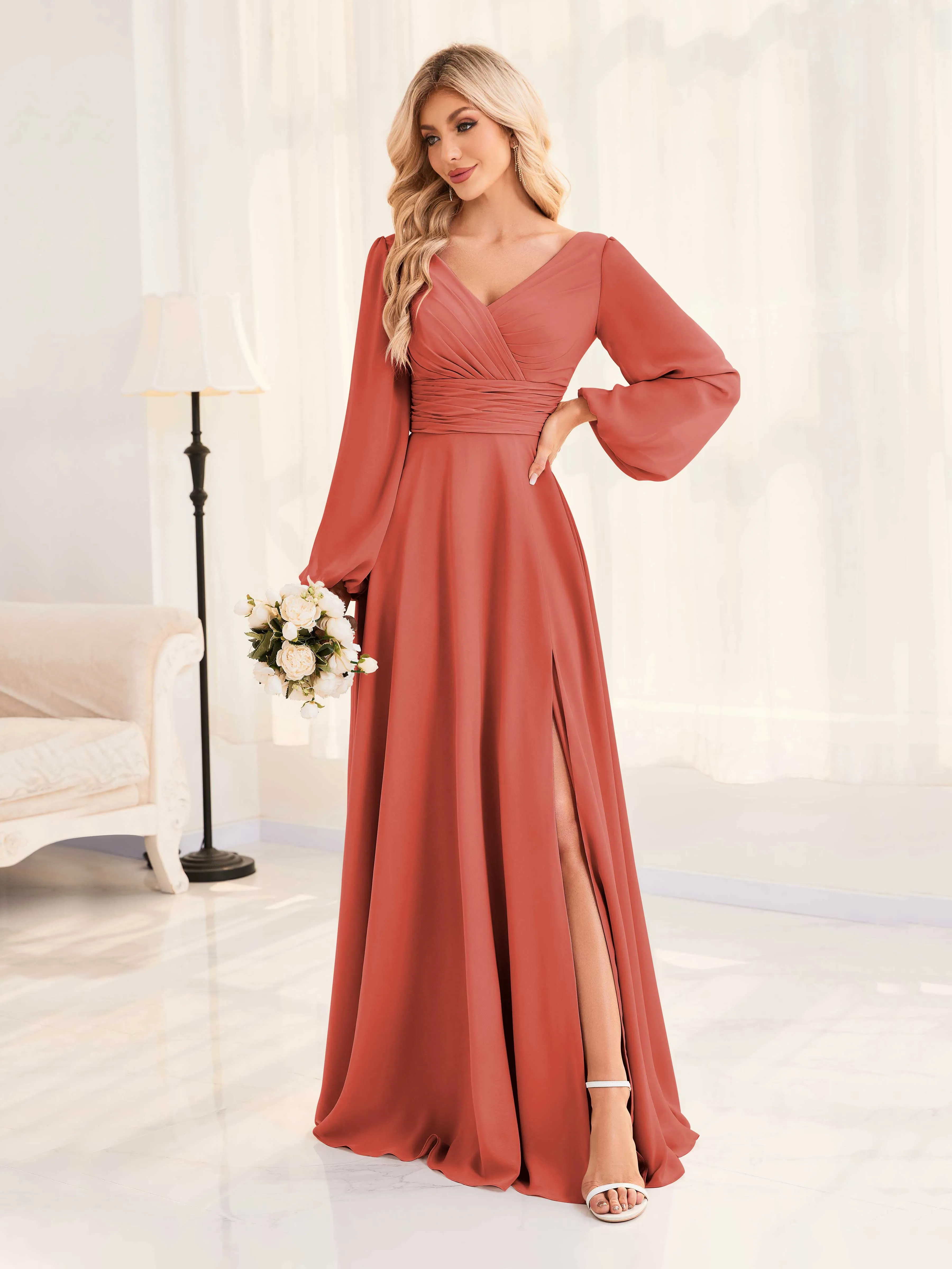 Julie A-Line V Neck Long Sleeves Slit Floor Length Chiffon Bridesmaid Dresses