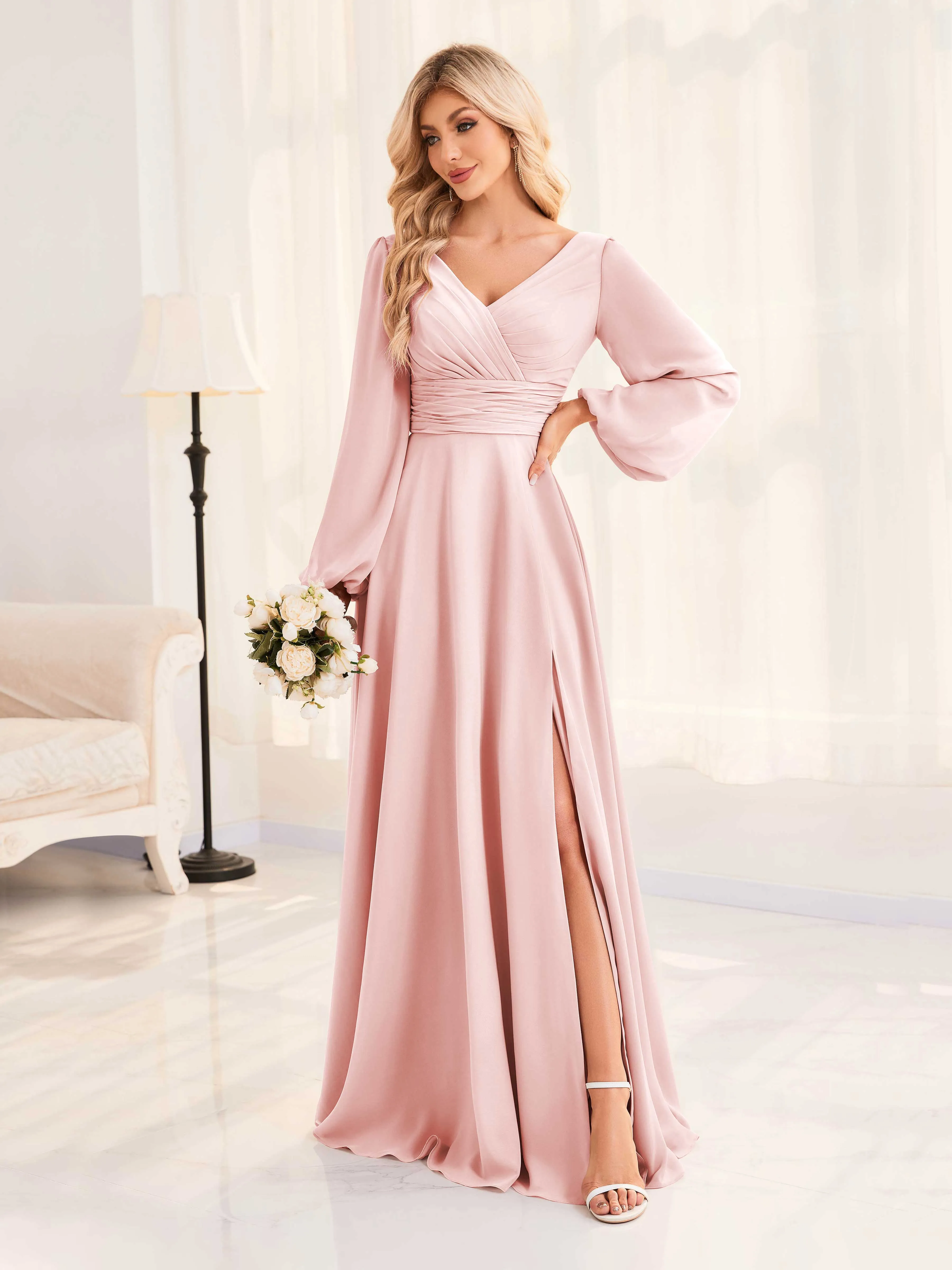 Julie A-Line V Neck Long Sleeves Slit Floor Length Chiffon Bridesmaid Dresses