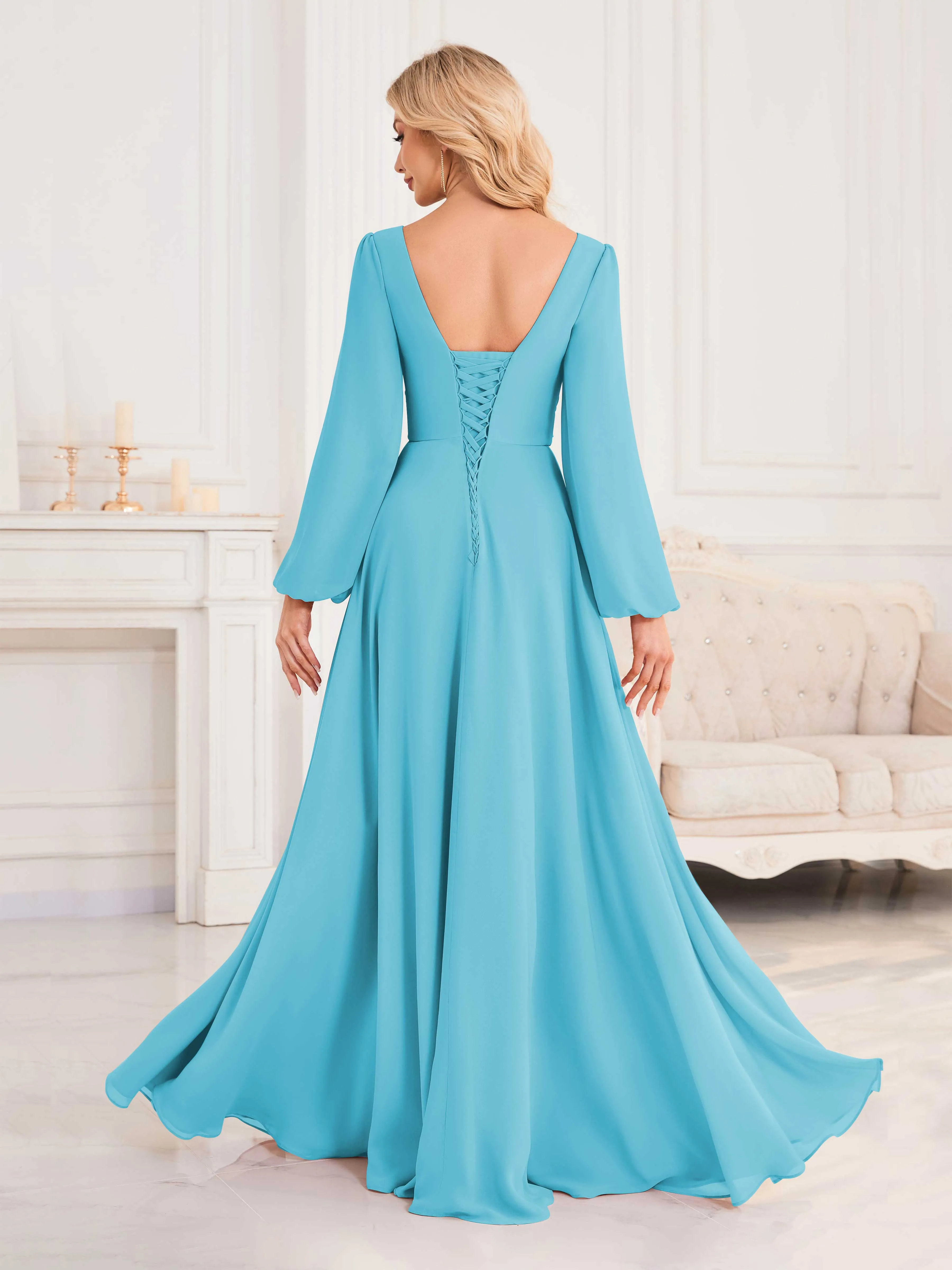 Julie A-Line V Neck Long Sleeves Slit Floor Length Chiffon Bridesmaid Dresses