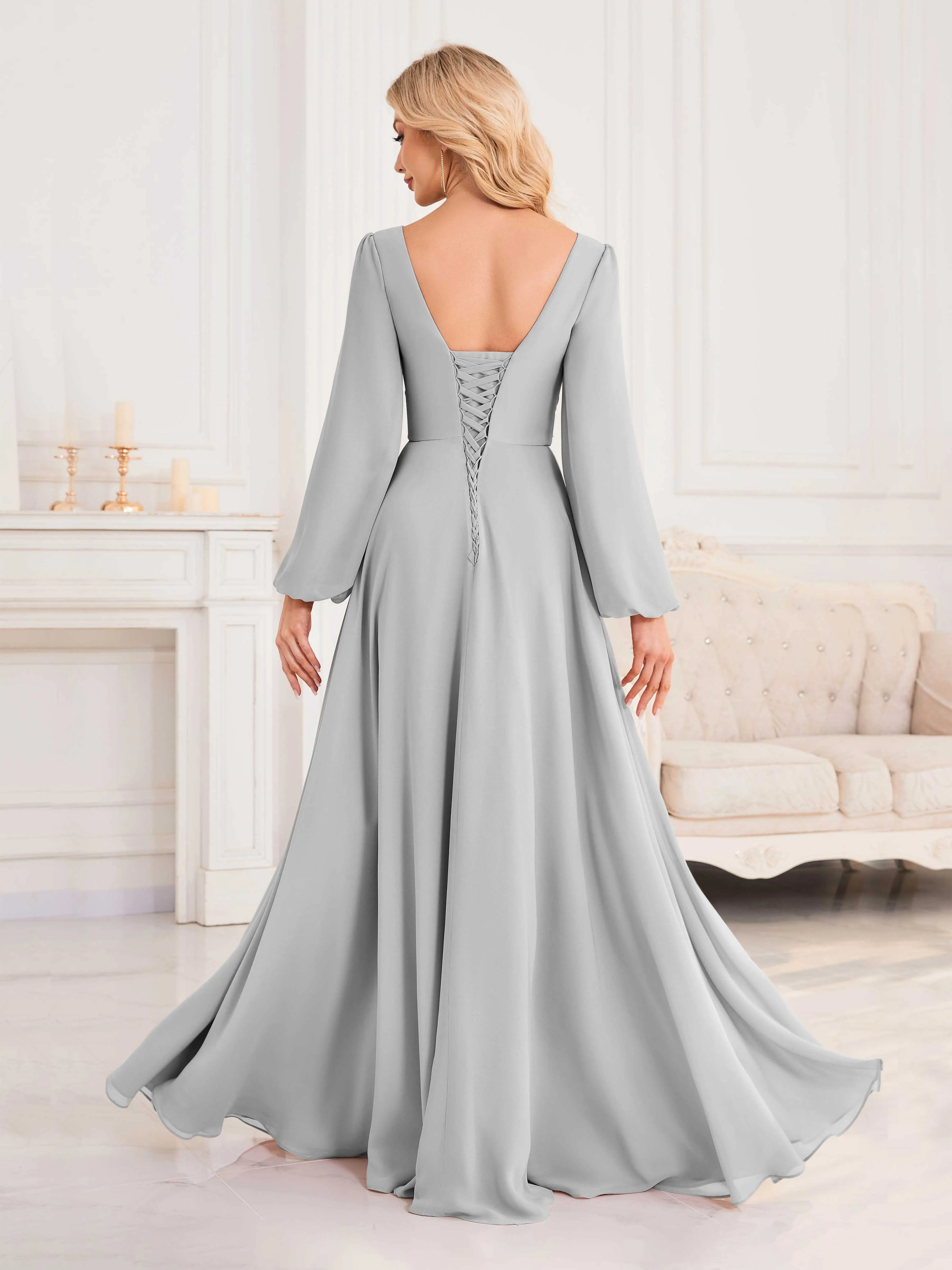 Julie A-Line V Neck Long Sleeves Slit Floor Length Chiffon Bridesmaid Dresses