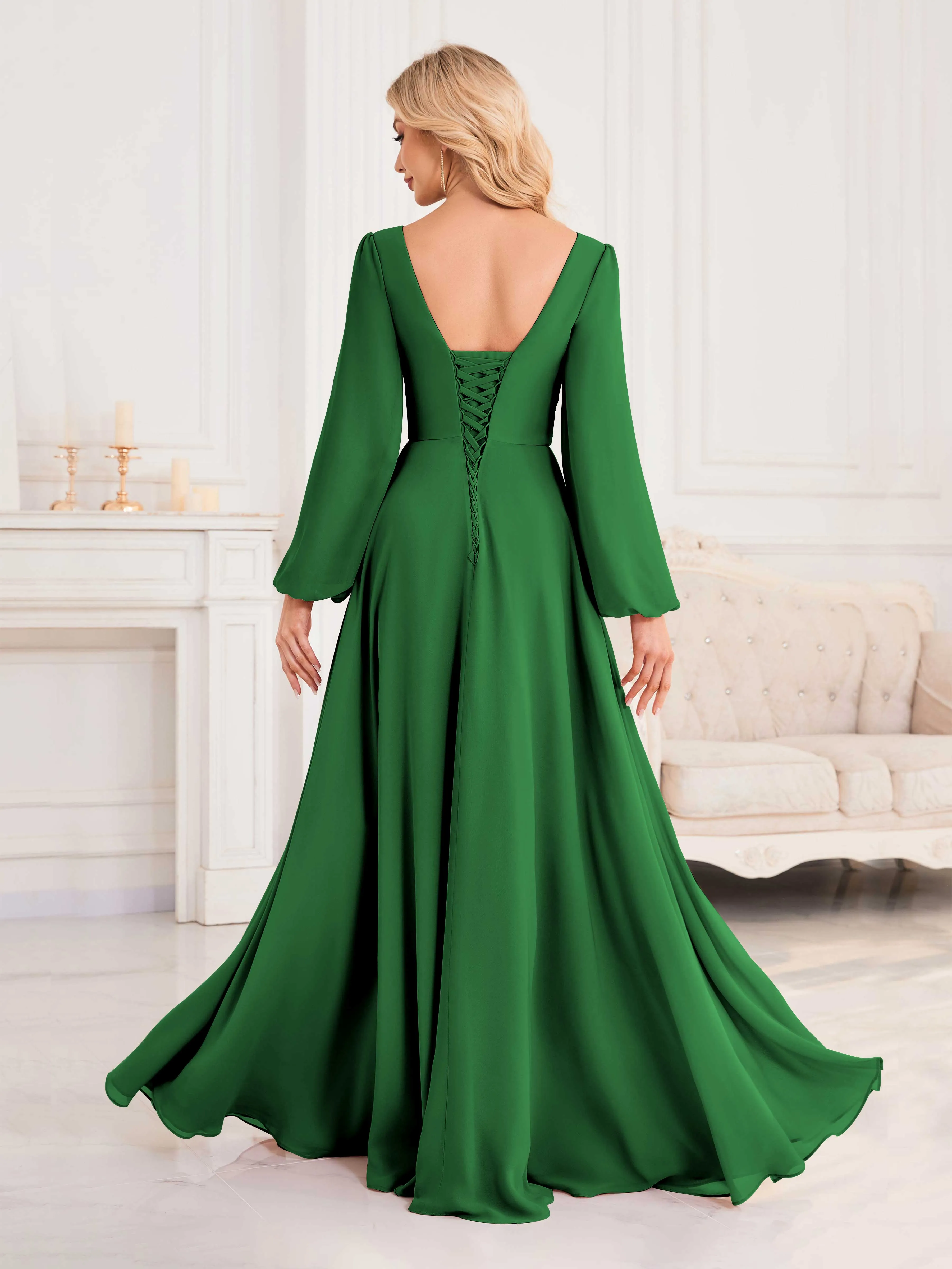 Julie A-Line V Neck Long Sleeves Slit Floor Length Chiffon Bridesmaid Dresses