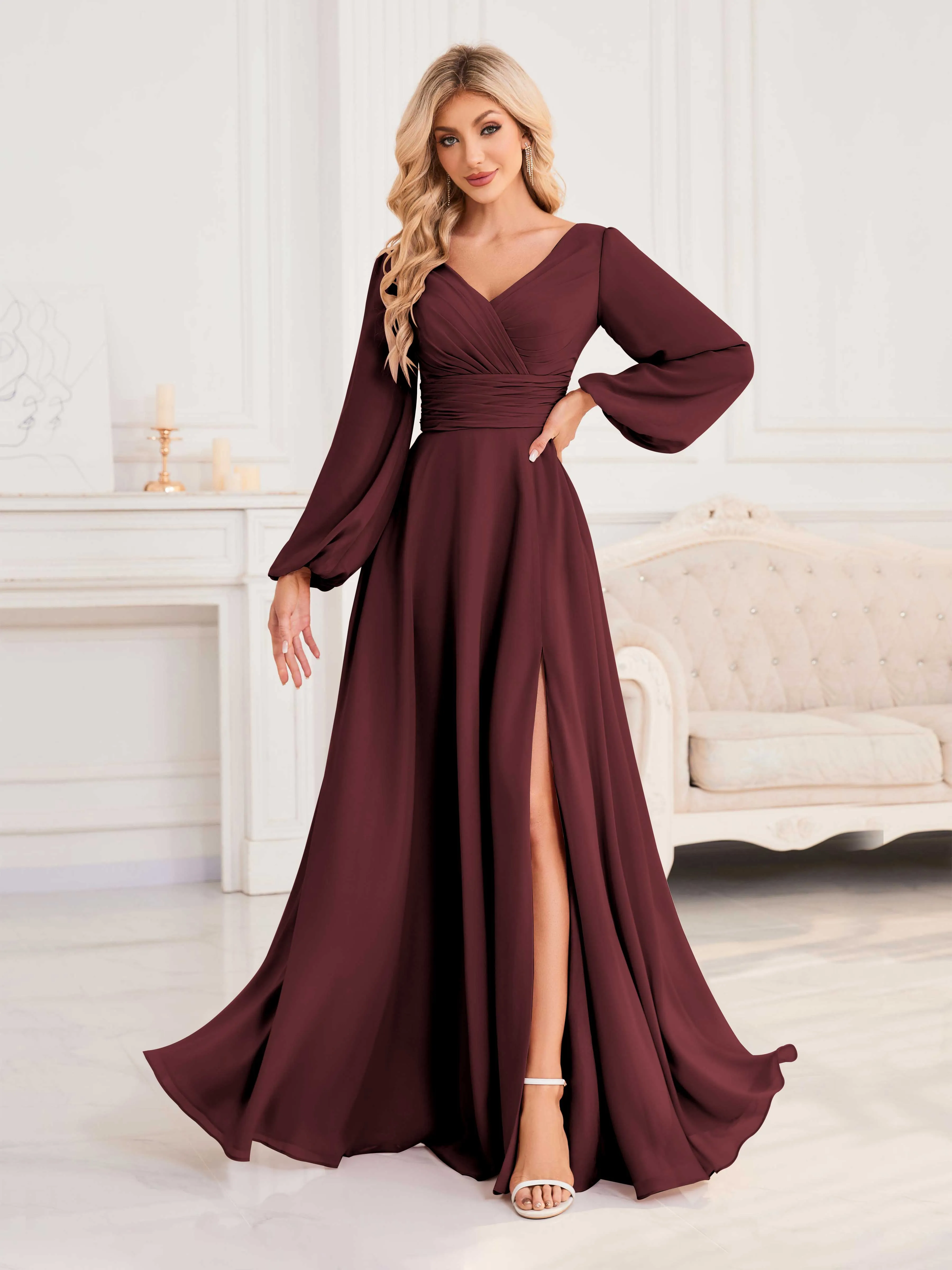 Julie A-Line V Neck Long Sleeves Slit Floor Length Chiffon Bridesmaid Dresses