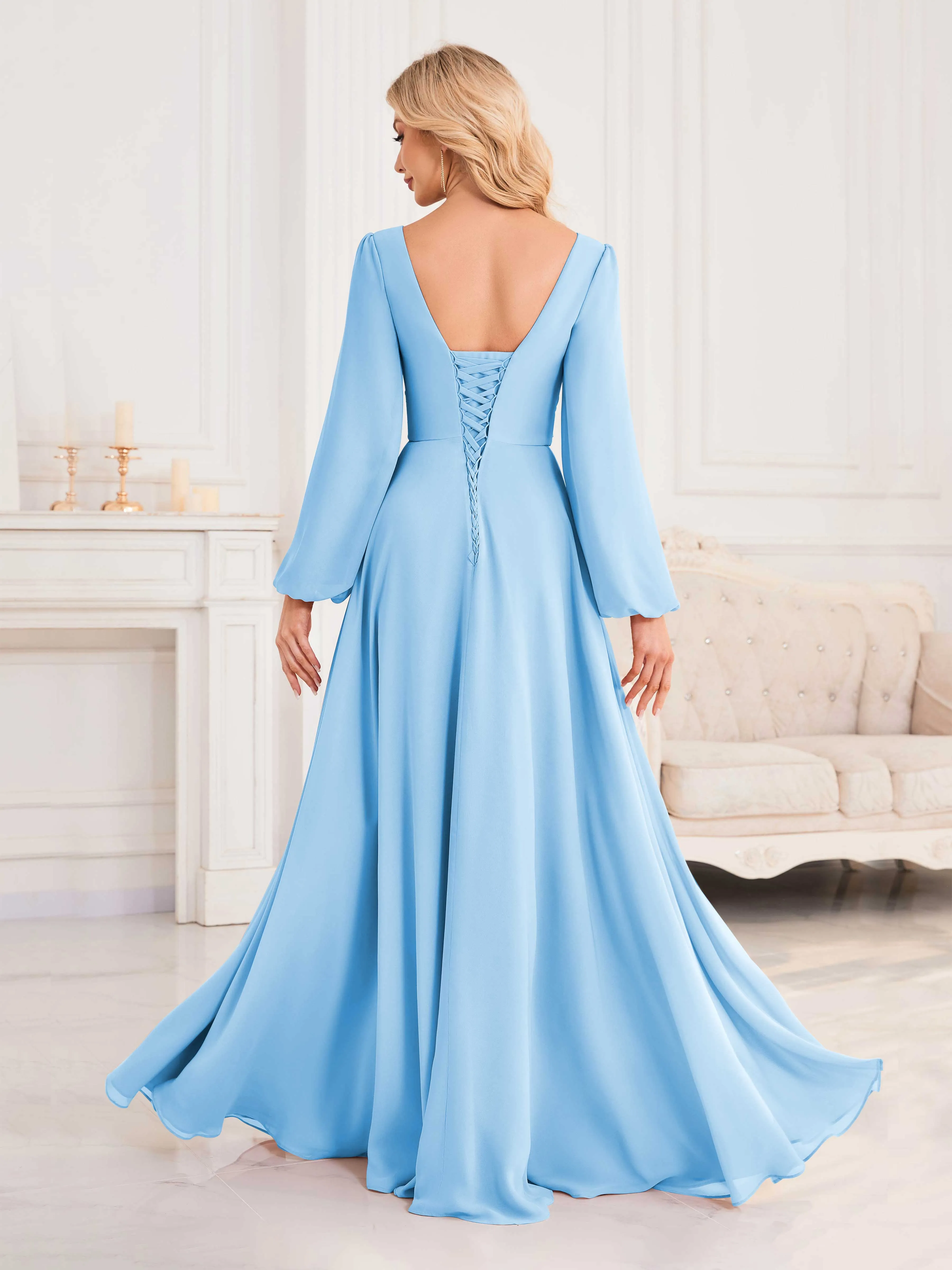 Julie A-Line V Neck Long Sleeves Slit Floor Length Chiffon Bridesmaid Dresses