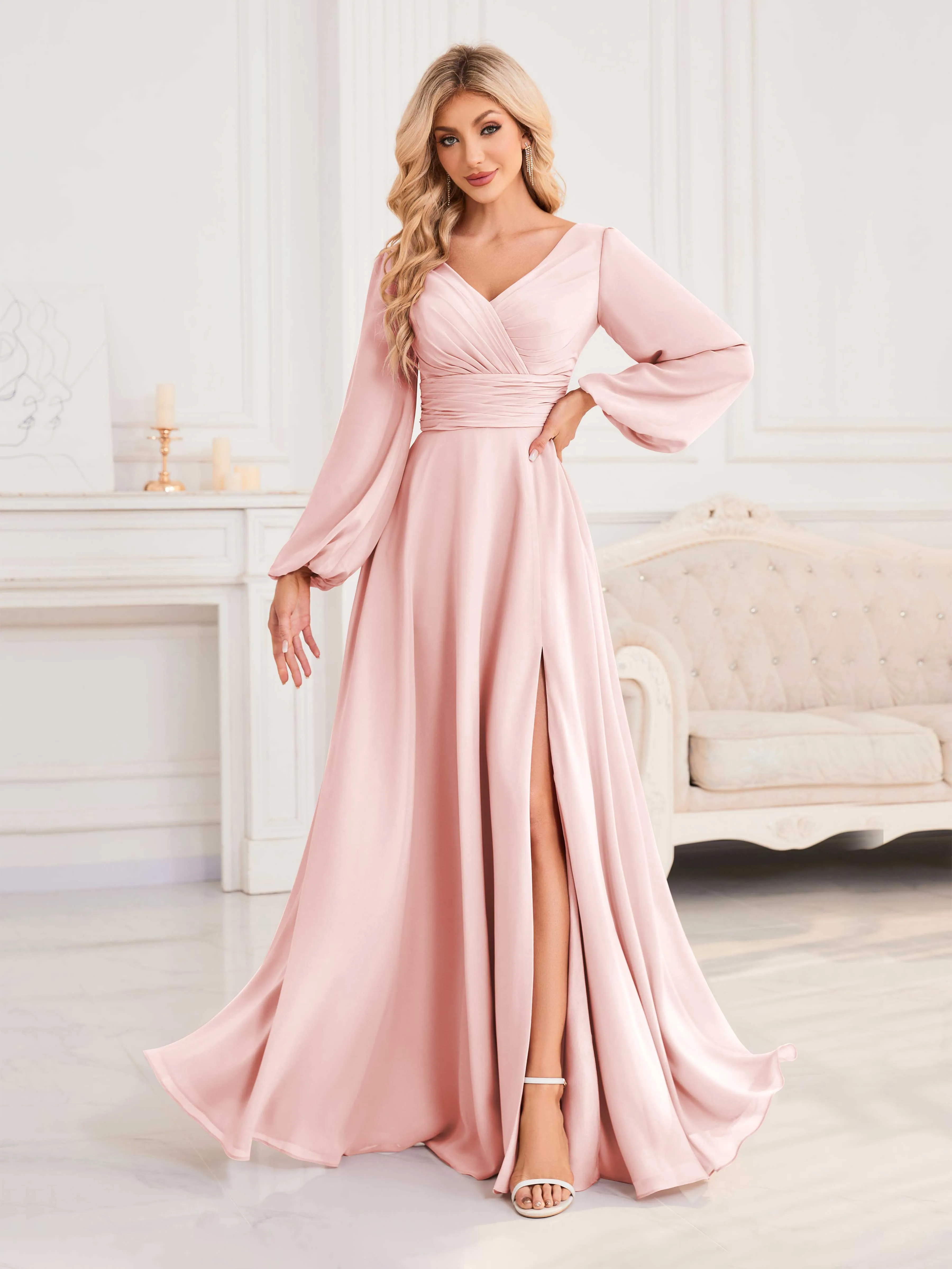 Julie A-Line V Neck Long Sleeves Slit Floor Length Chiffon Bridesmaid Dresses