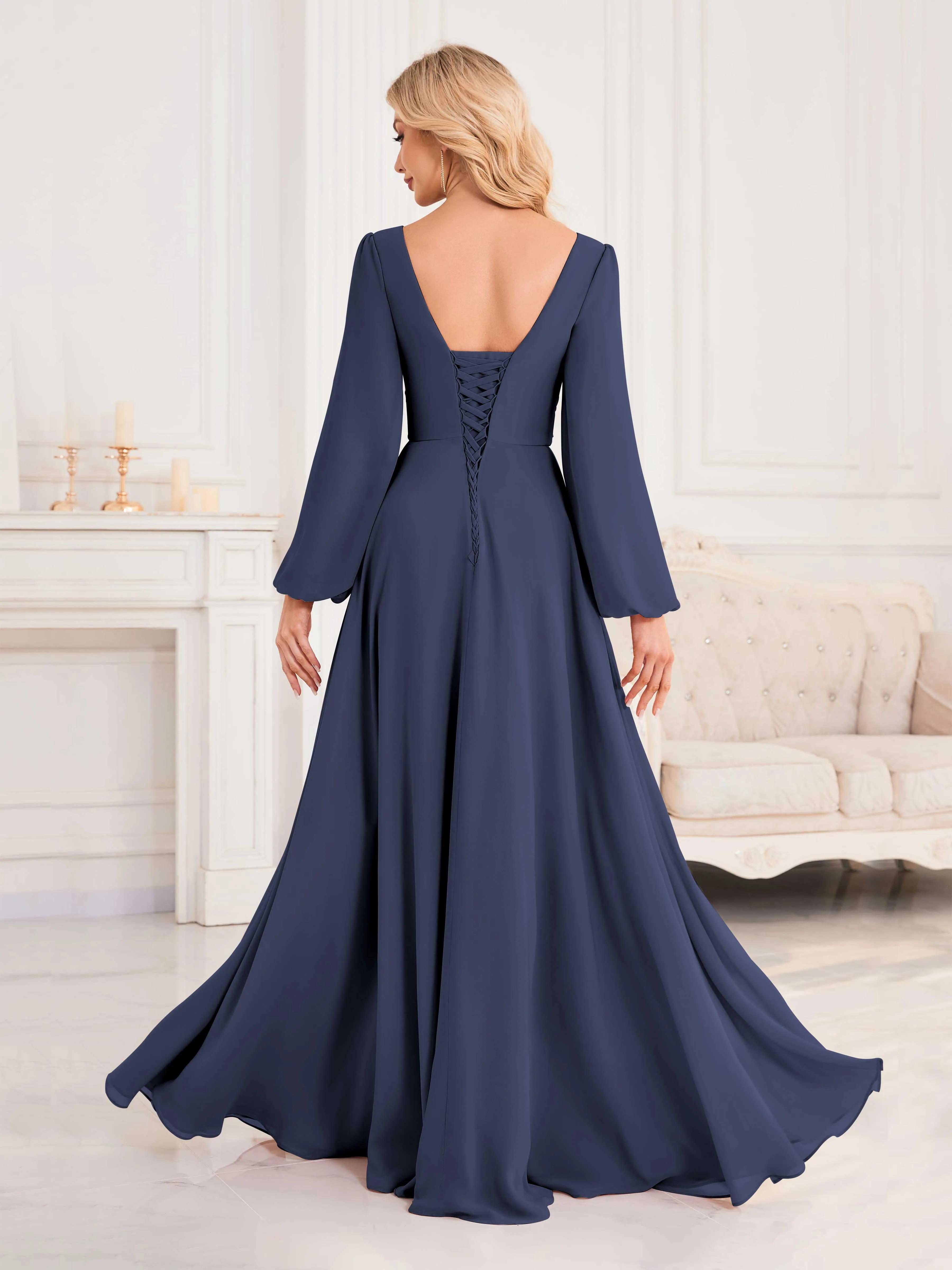 Julie A-Line V Neck Long Sleeves Slit Floor Length Chiffon Bridesmaid Dresses