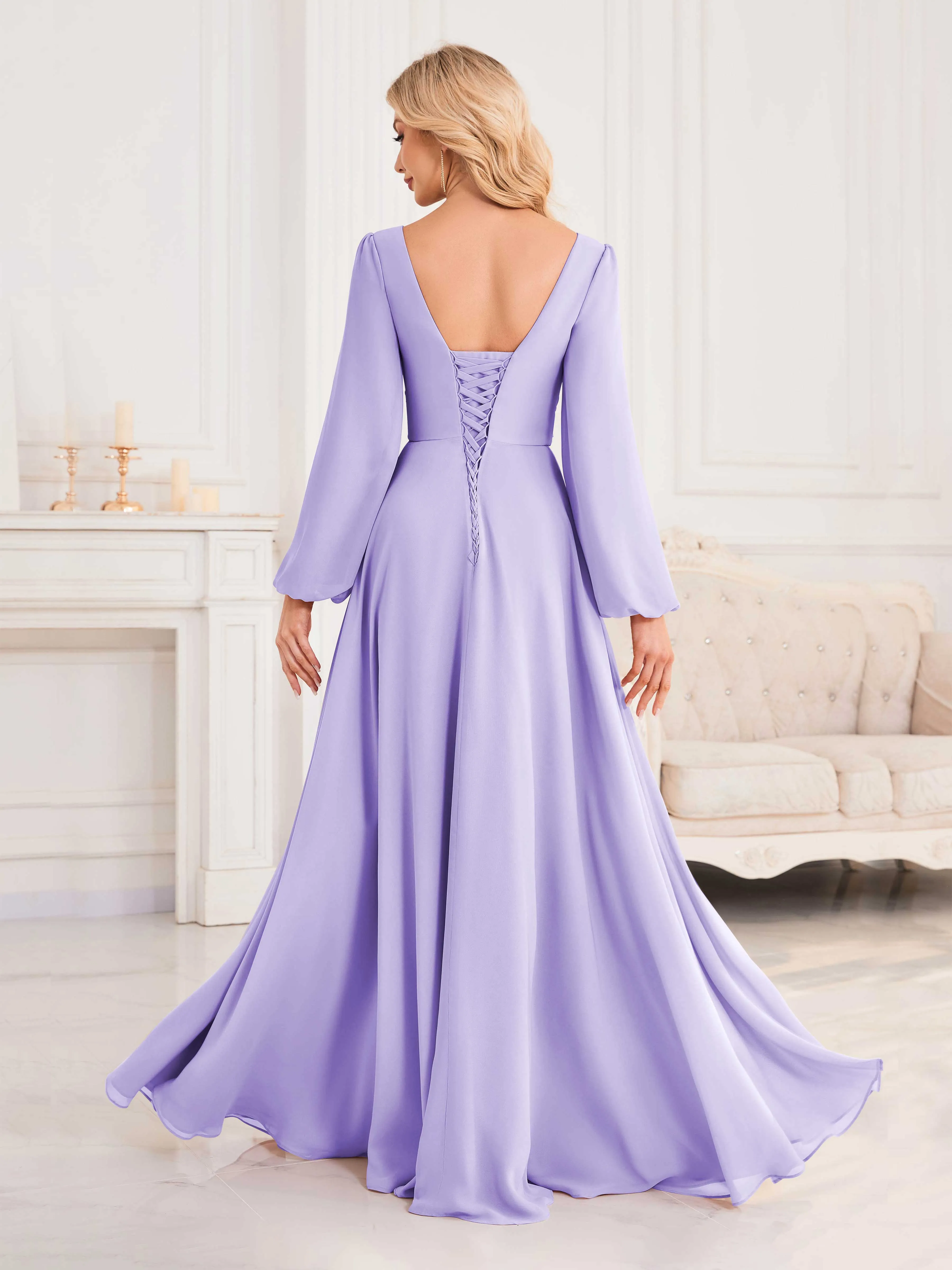 Julie A-Line V Neck Long Sleeves Slit Floor Length Chiffon Bridesmaid Dresses