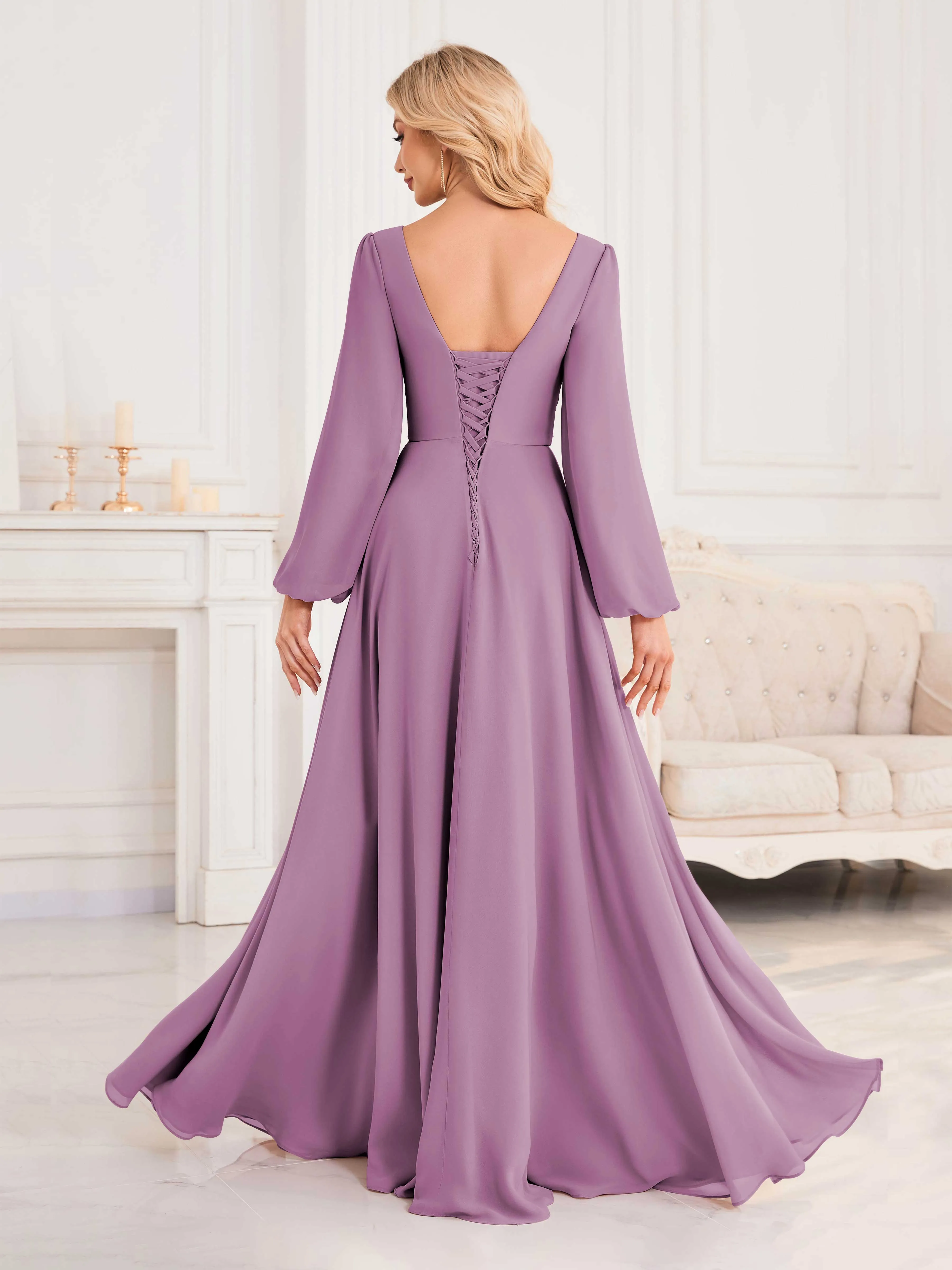 Julie A-Line V Neck Long Sleeves Slit Floor Length Chiffon Bridesmaid Dresses