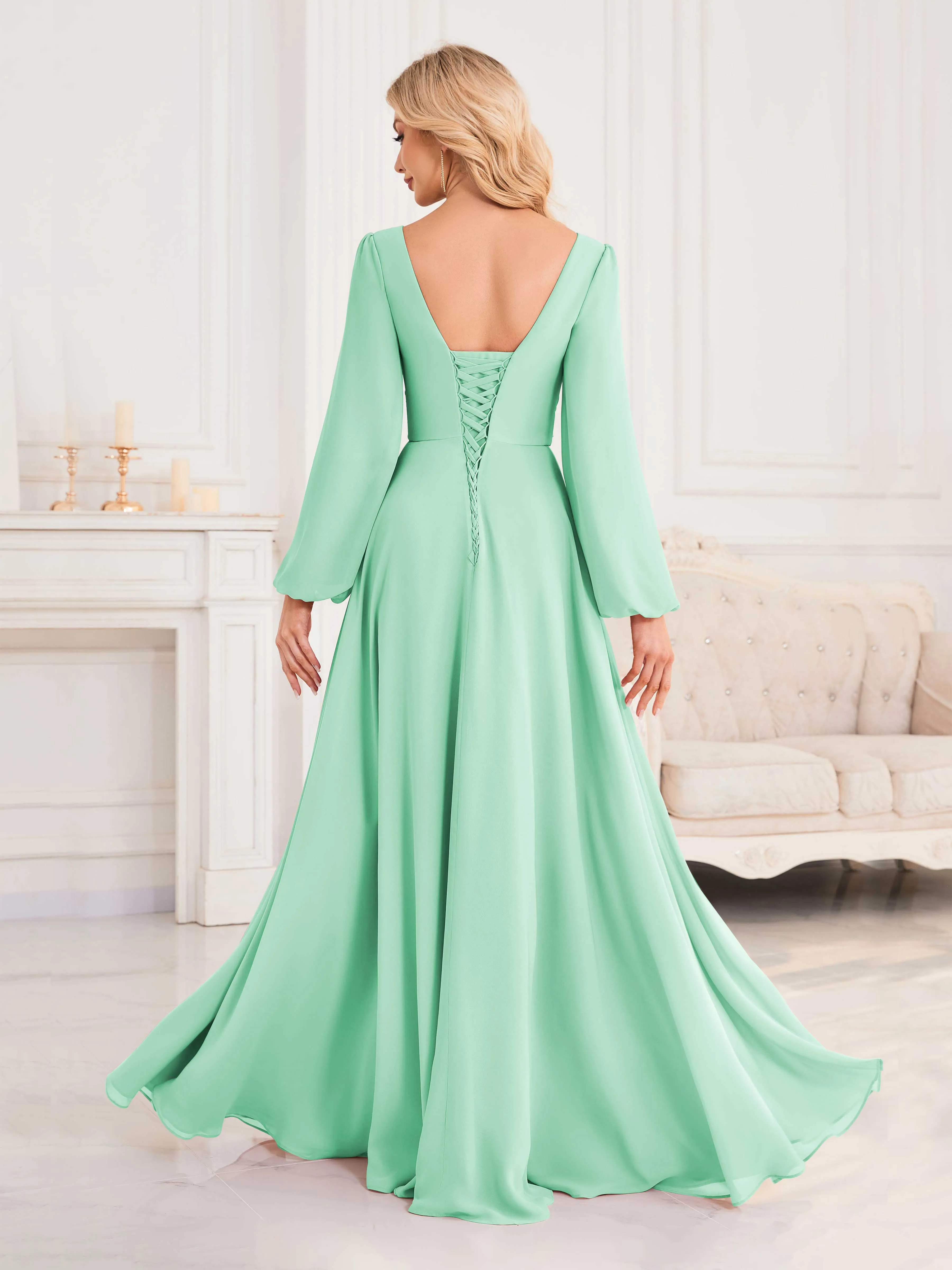 Julie A-Line V Neck Long Sleeves Slit Floor Length Chiffon Bridesmaid Dresses