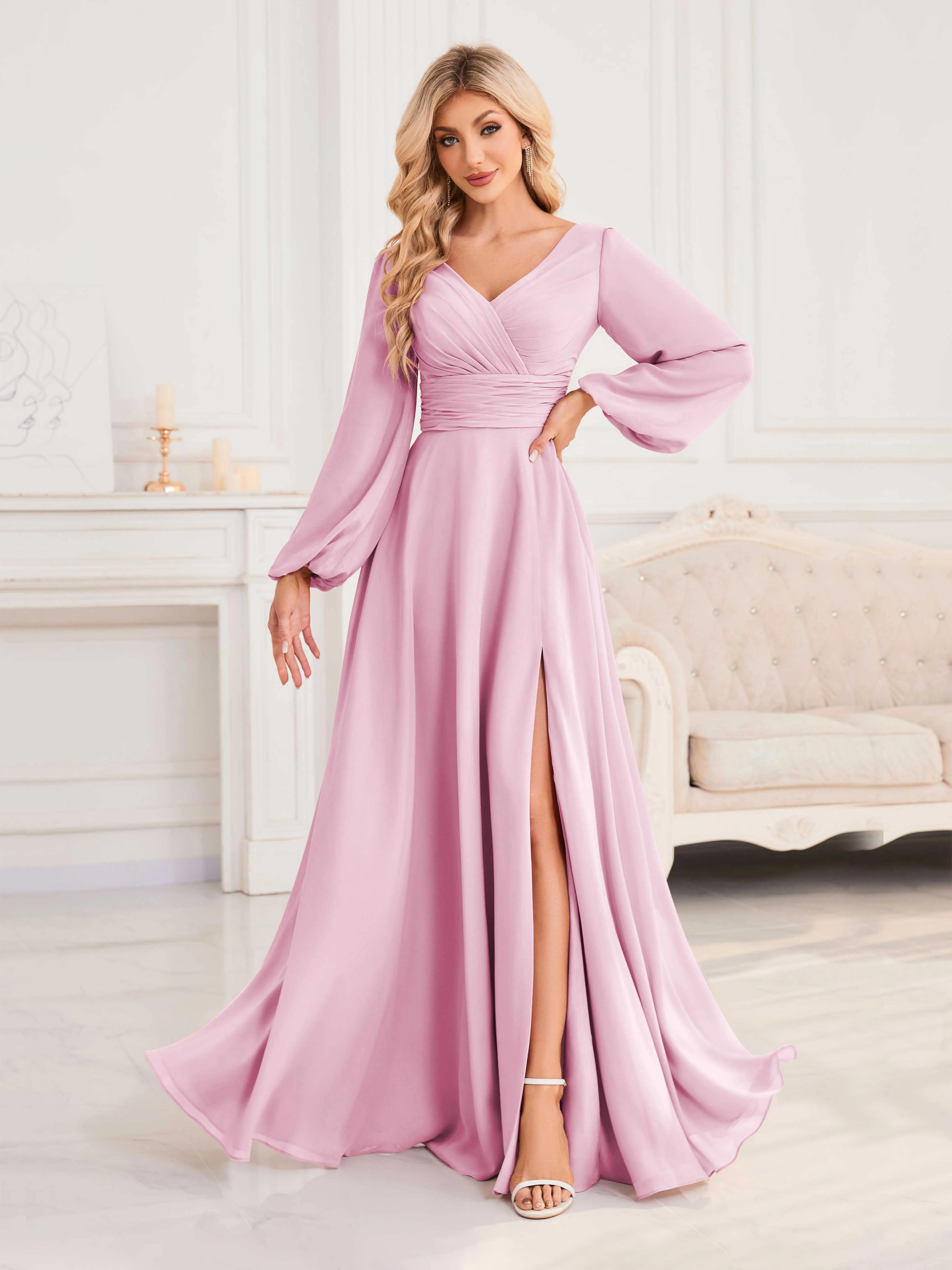 Julie A-Line V Neck Long Sleeves Slit Floor Length Chiffon Bridesmaid Dresses