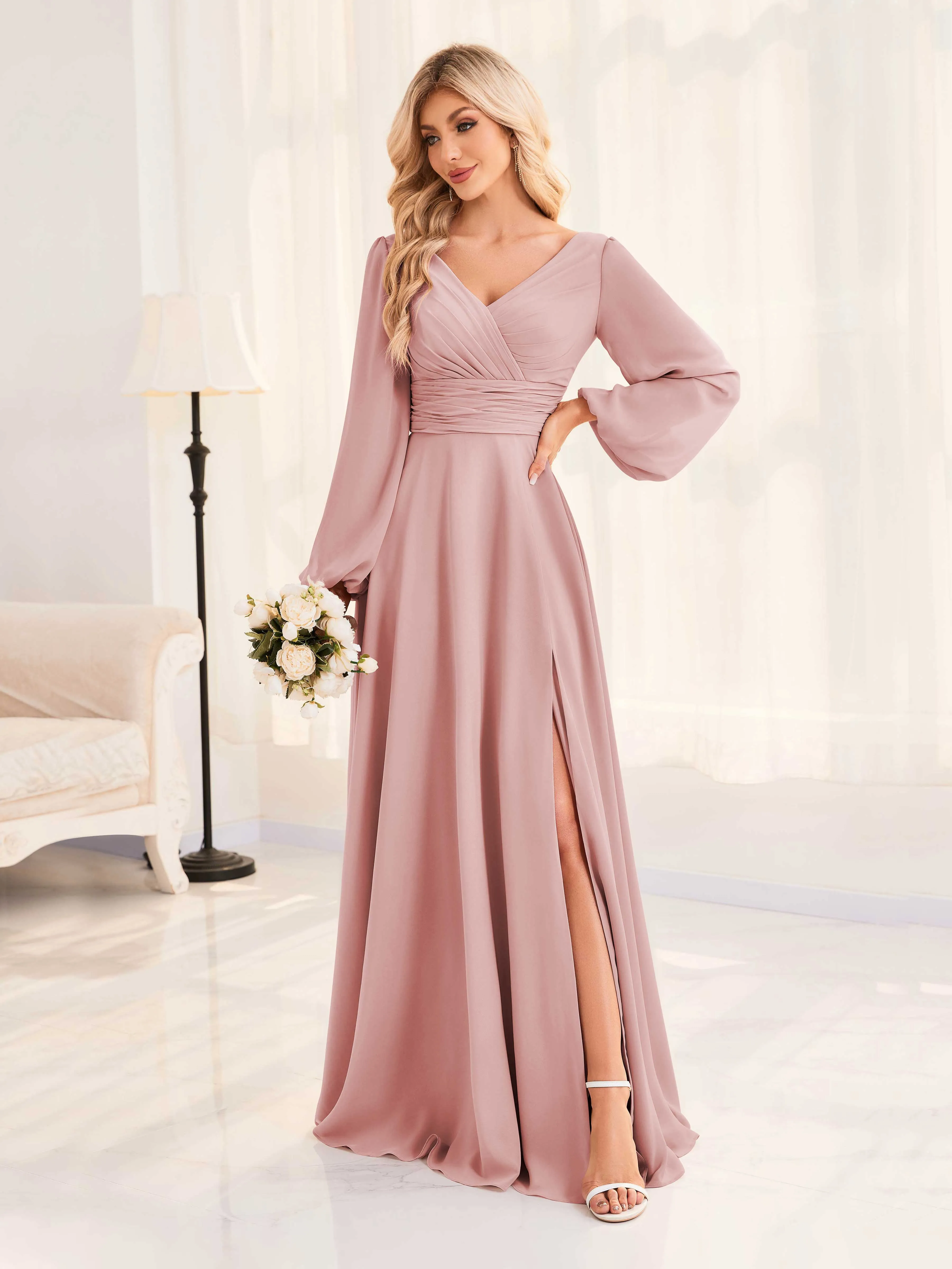 Julie A-Line V Neck Long Sleeves Slit Floor Length Chiffon Bridesmaid Dresses