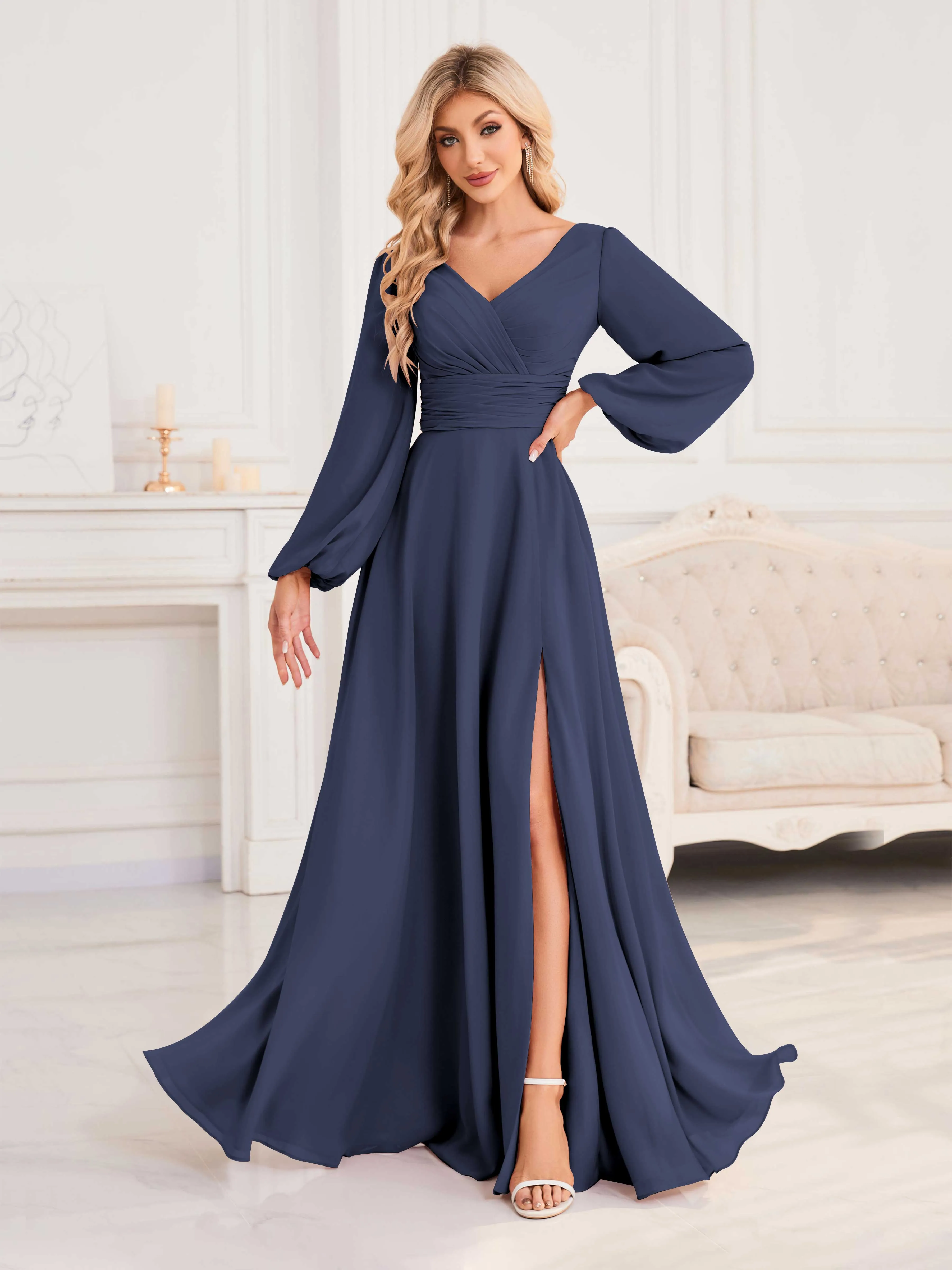 Julie A-Line V Neck Long Sleeves Slit Floor Length Chiffon Bridesmaid Dresses