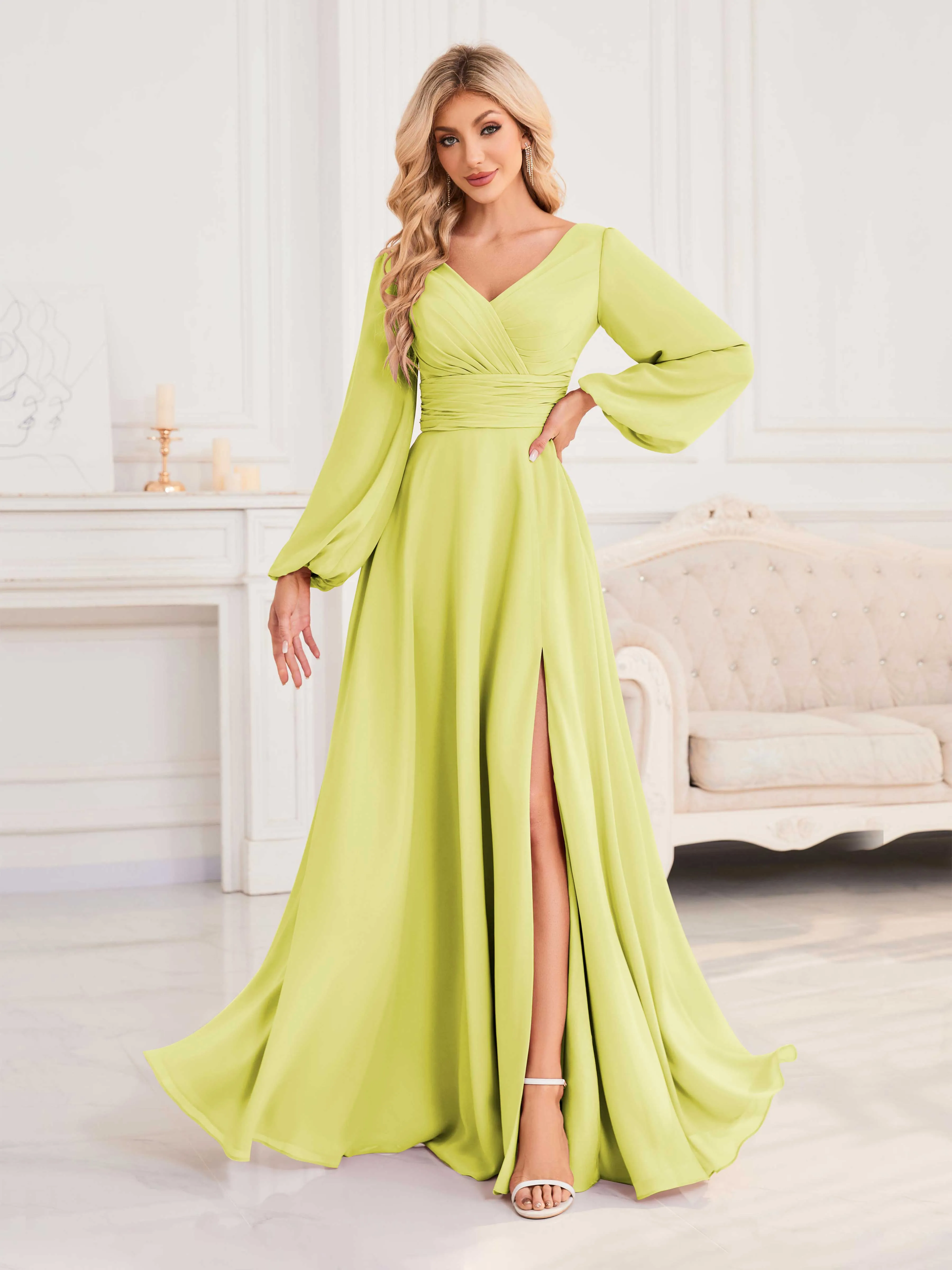 Julie A-Line V Neck Long Sleeves Slit Floor Length Chiffon Bridesmaid Dresses