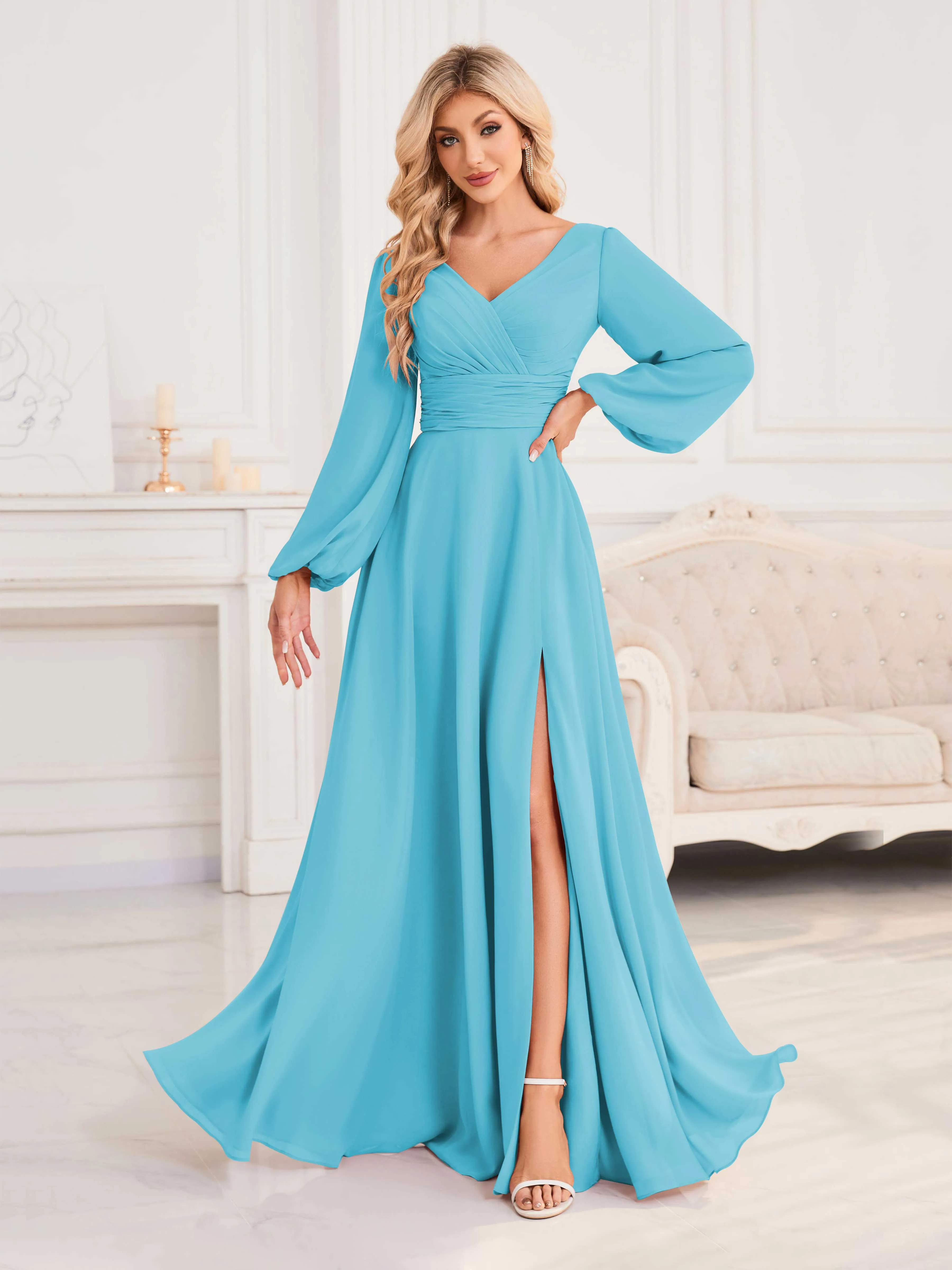 Julie A-Line V Neck Long Sleeves Slit Floor Length Chiffon Bridesmaid Dresses