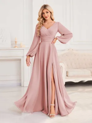 Julie A-Line V Neck Long Sleeves Slit Floor Length Chiffon Bridesmaid Dresses