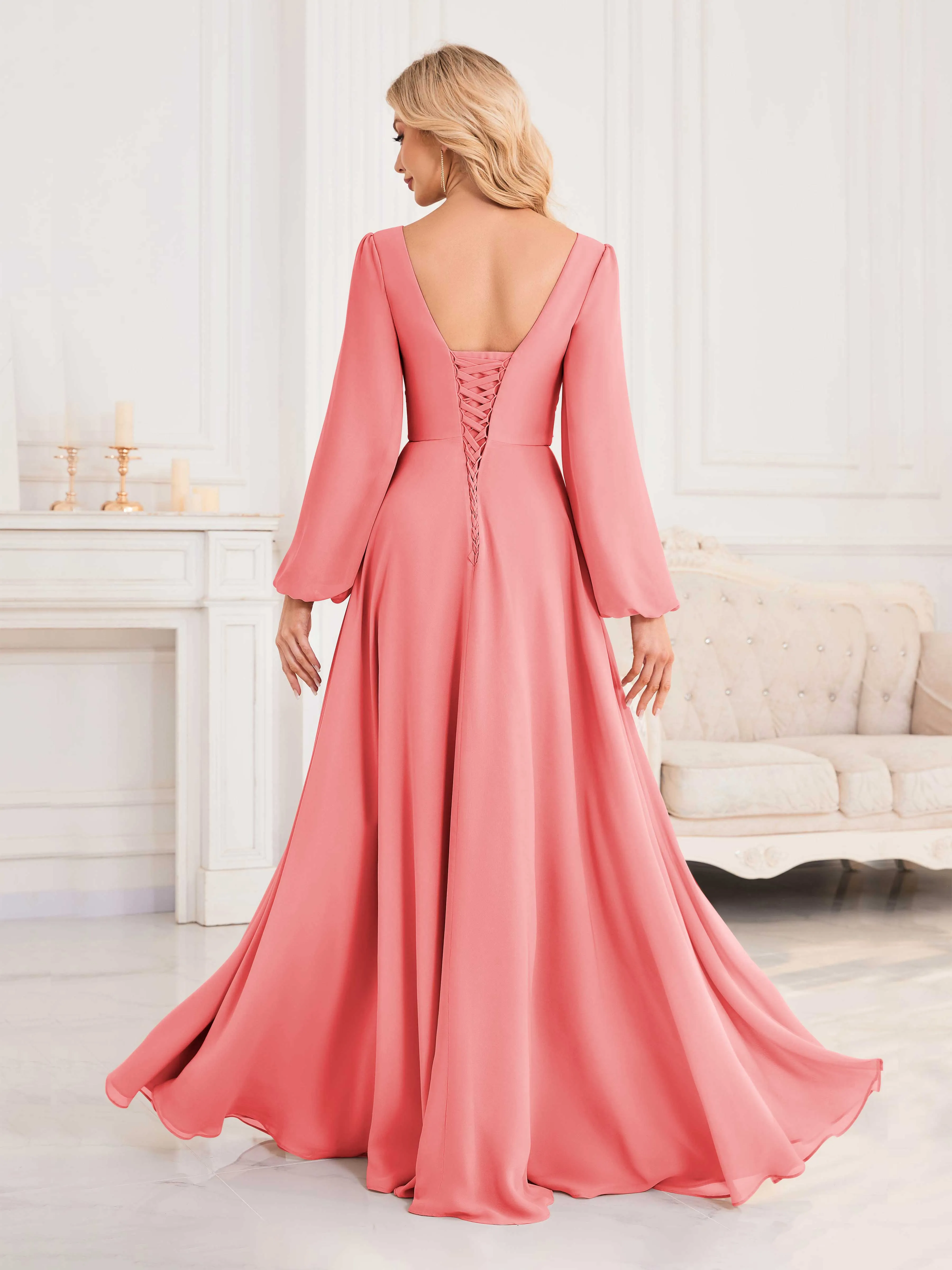 Julie A-Line V Neck Long Sleeves Slit Floor Length Chiffon Bridesmaid Dresses