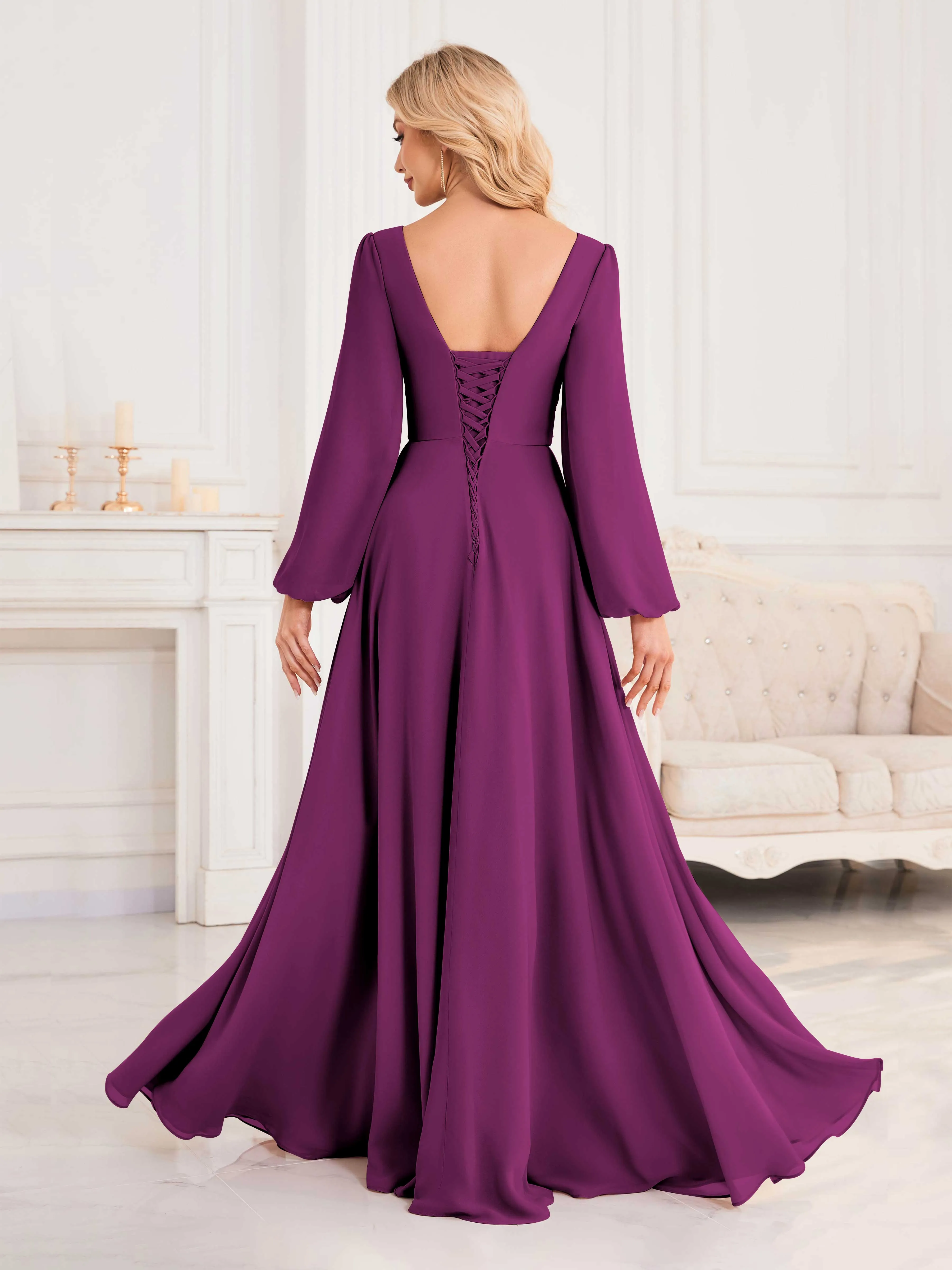 Julie A-Line V Neck Long Sleeves Slit Floor Length Chiffon Bridesmaid Dresses