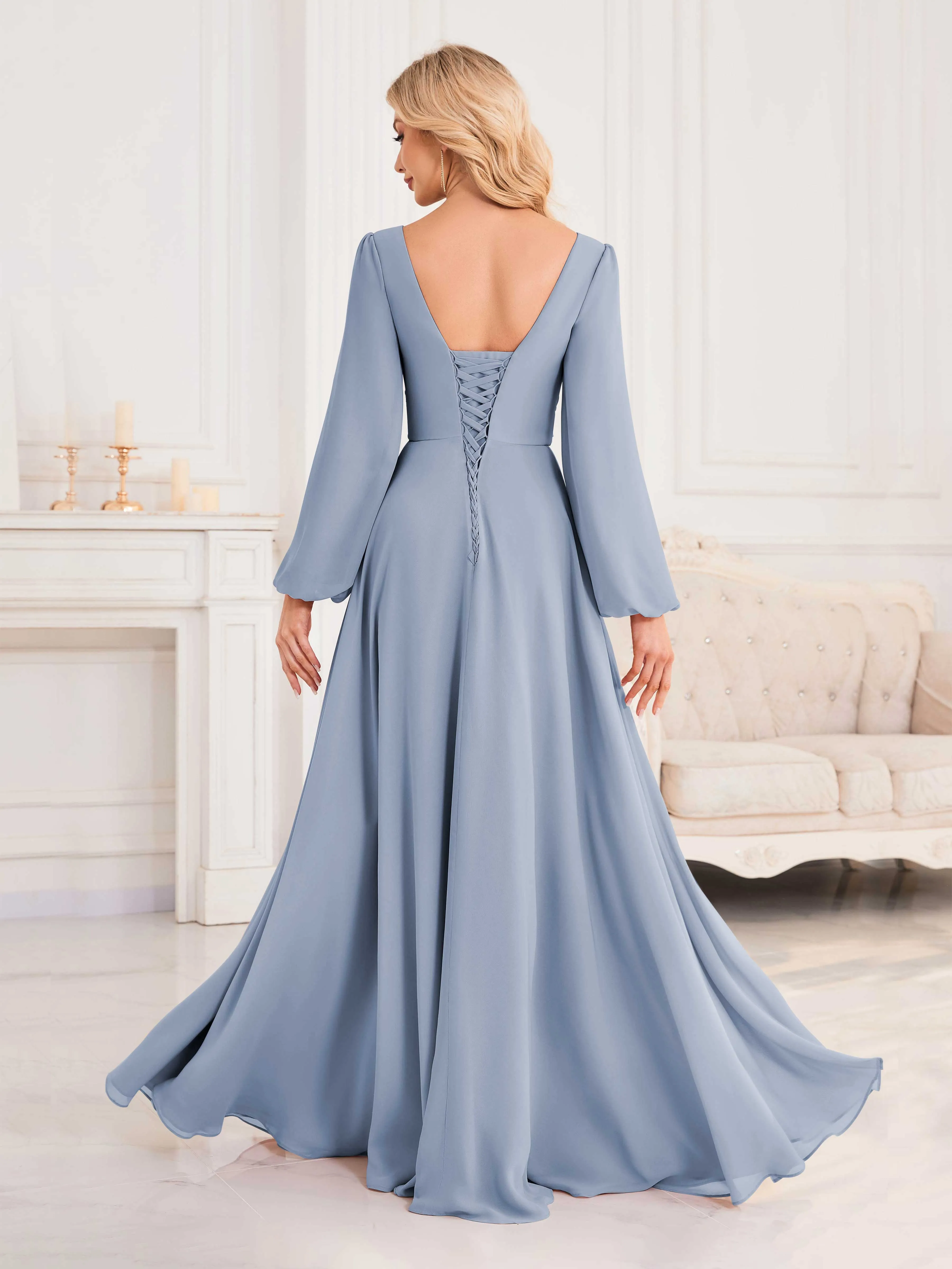 Julie A-Line V Neck Long Sleeves Slit Floor Length Chiffon Bridesmaid Dresses