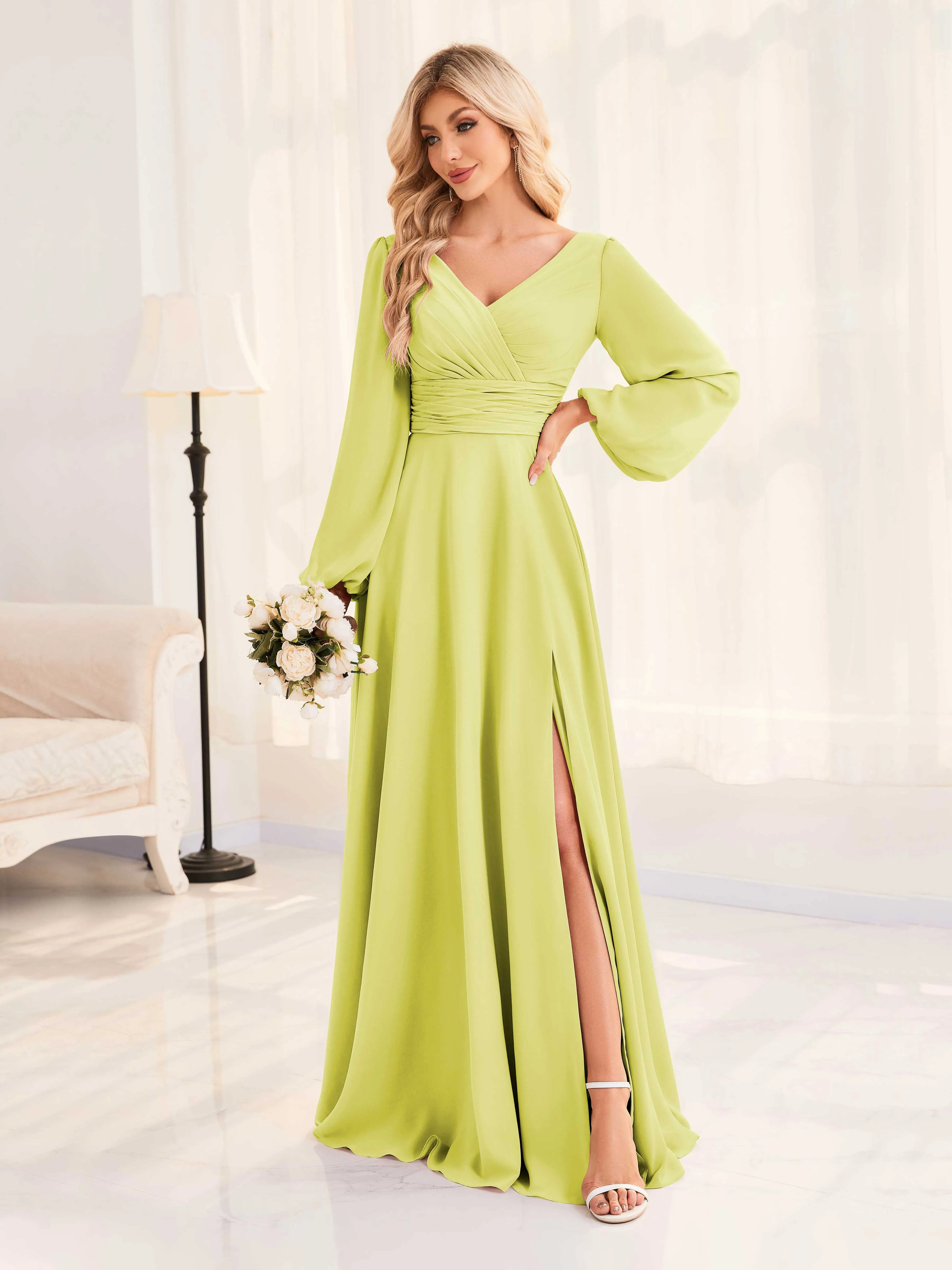 Julie A-Line V Neck Long Sleeves Slit Floor Length Chiffon Bridesmaid Dresses