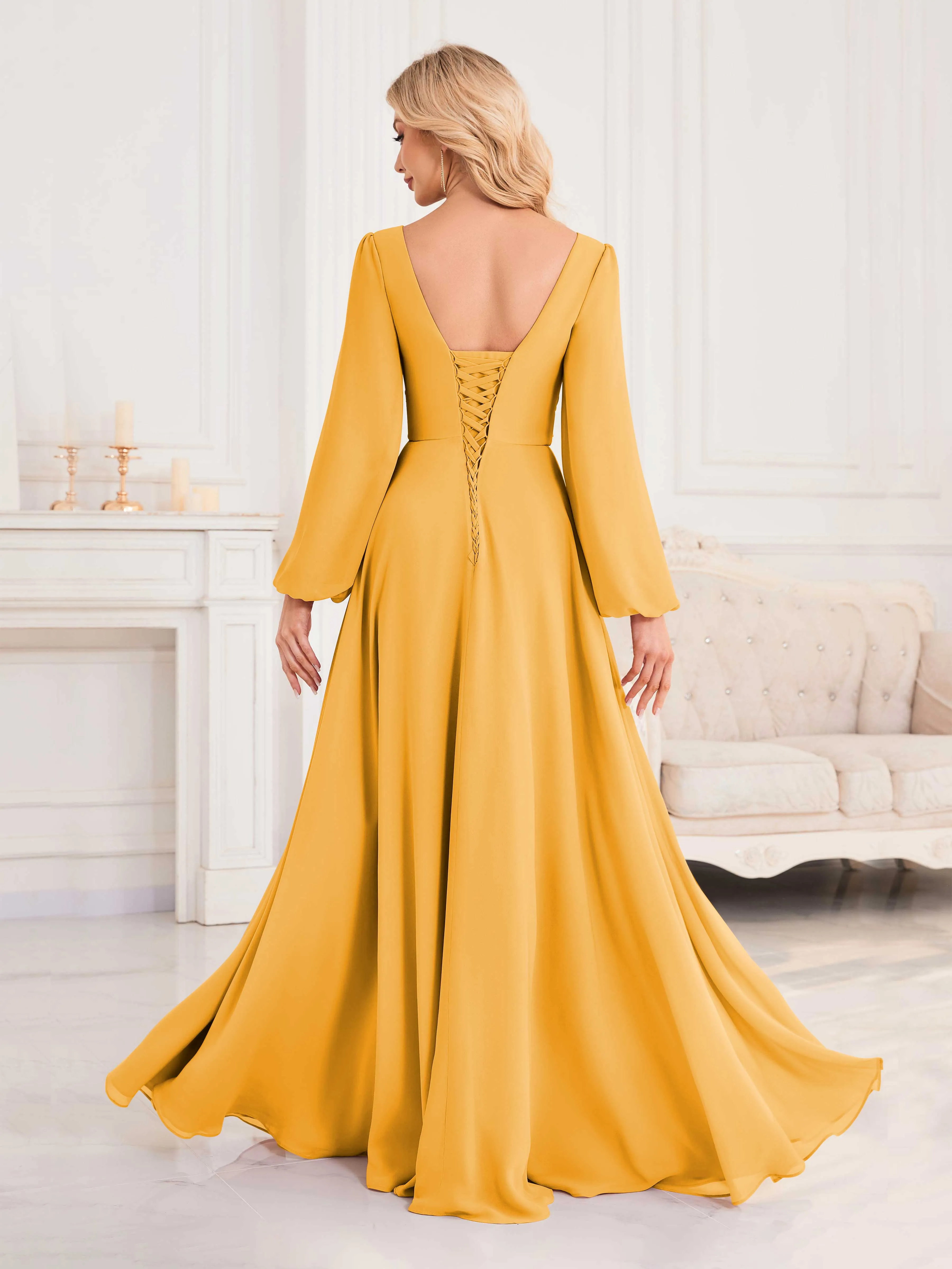 Julie A-Line V Neck Long Sleeves Slit Floor Length Chiffon Bridesmaid Dresses