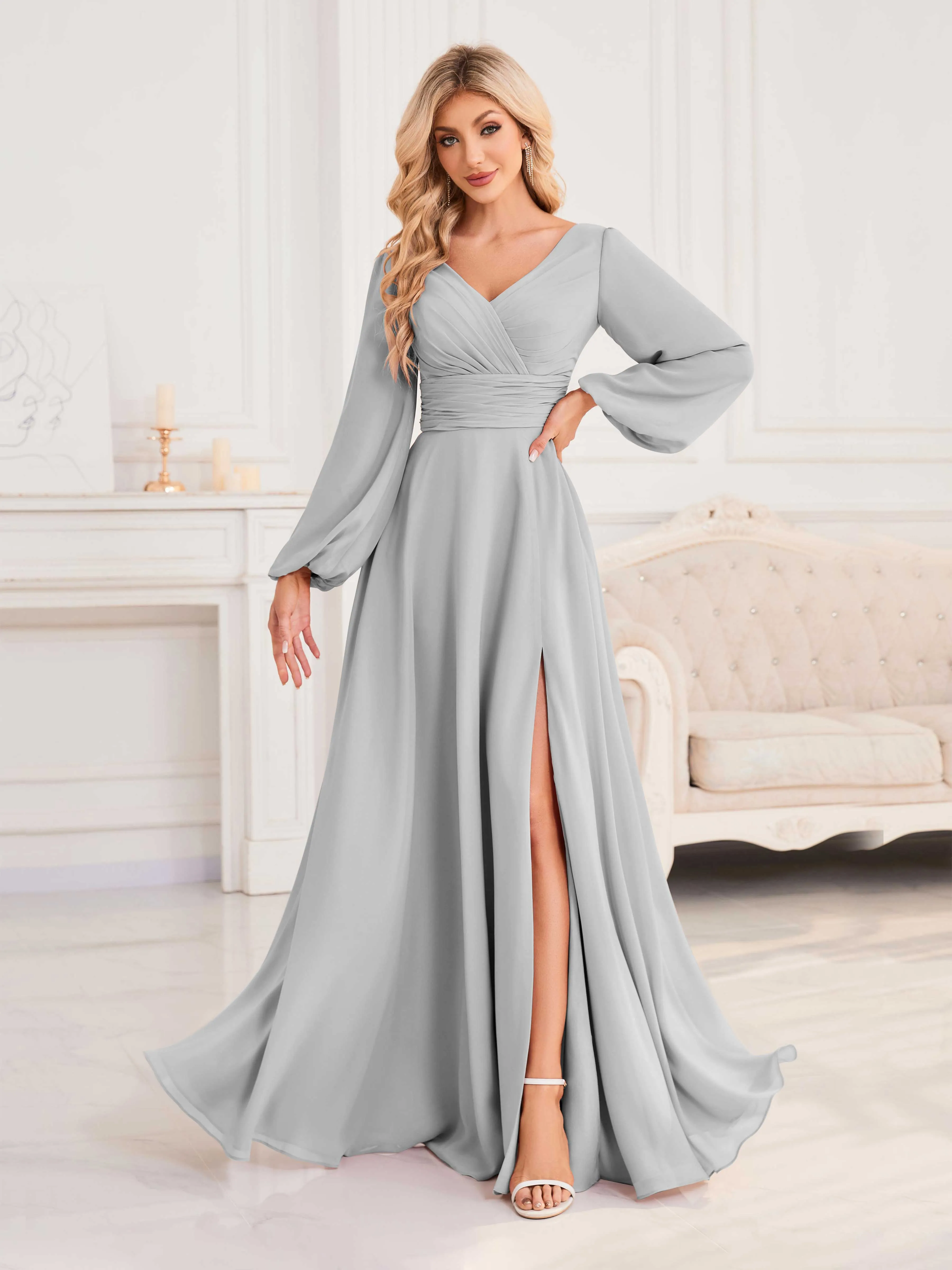 Julie A-Line V Neck Long Sleeves Slit Floor Length Chiffon Bridesmaid Dresses