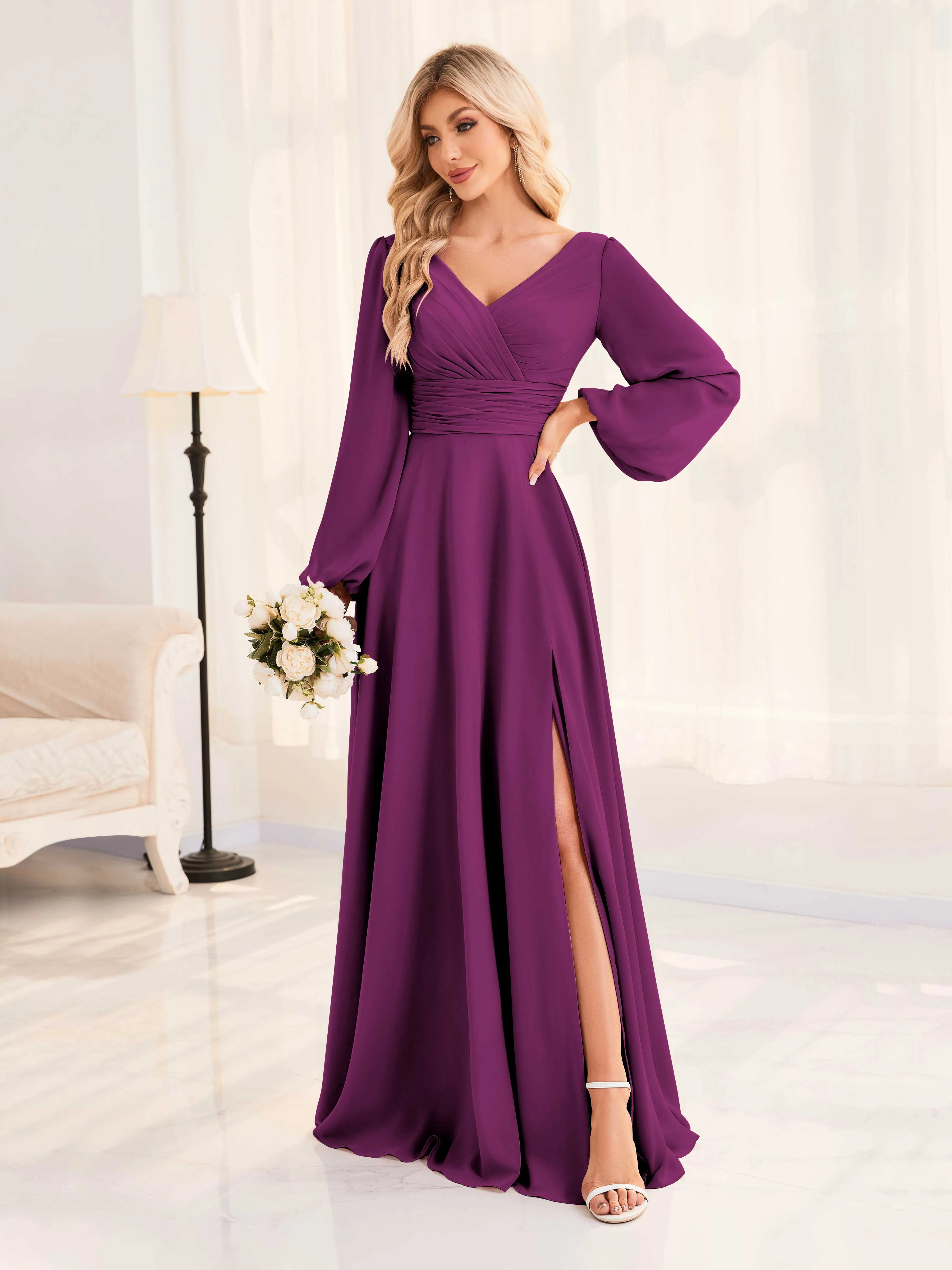 Julie A-Line V Neck Long Sleeves Slit Floor Length Chiffon Bridesmaid Dresses