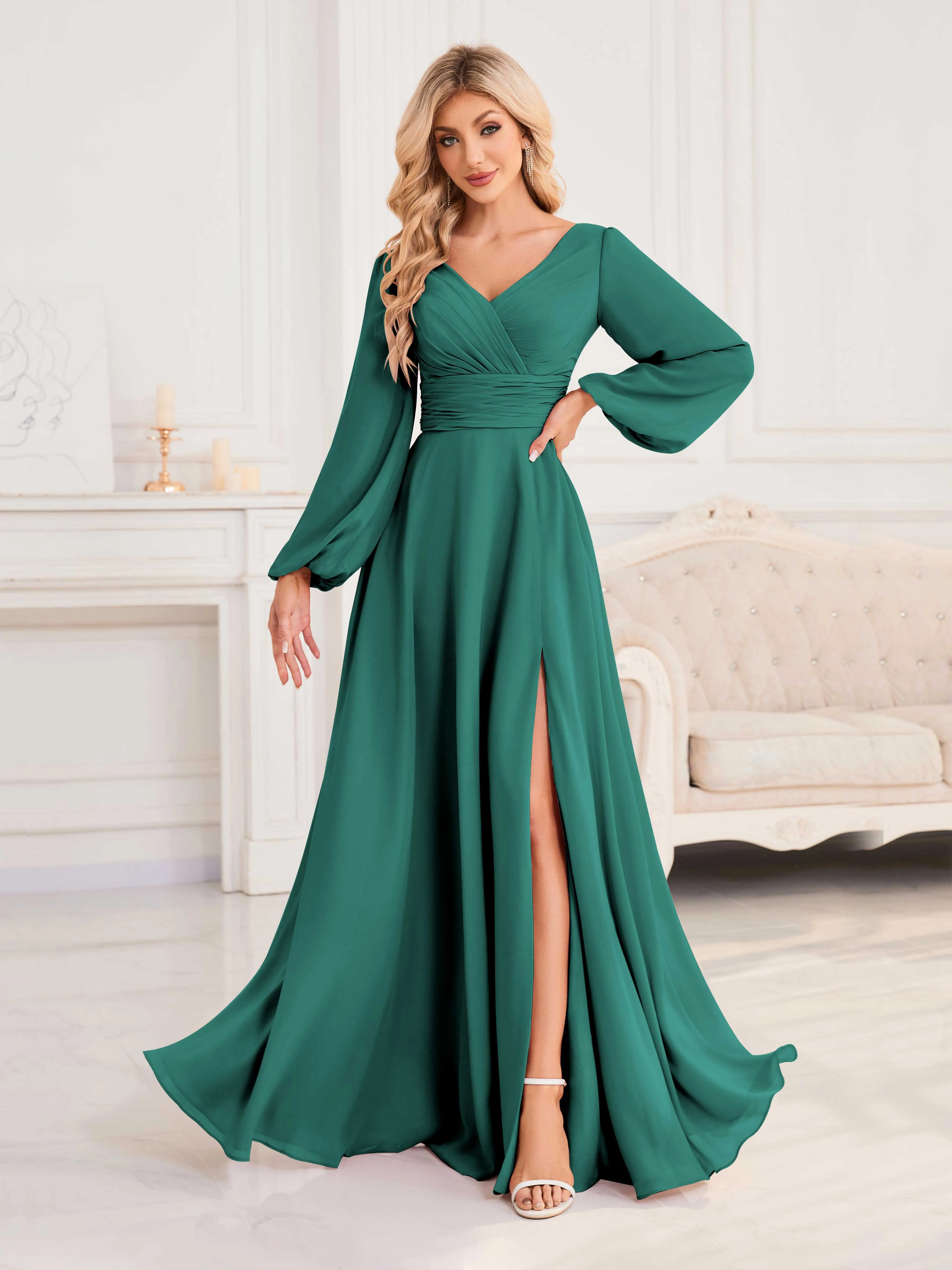 Julie A-Line V Neck Long Sleeves Slit Floor Length Chiffon Bridesmaid Dresses