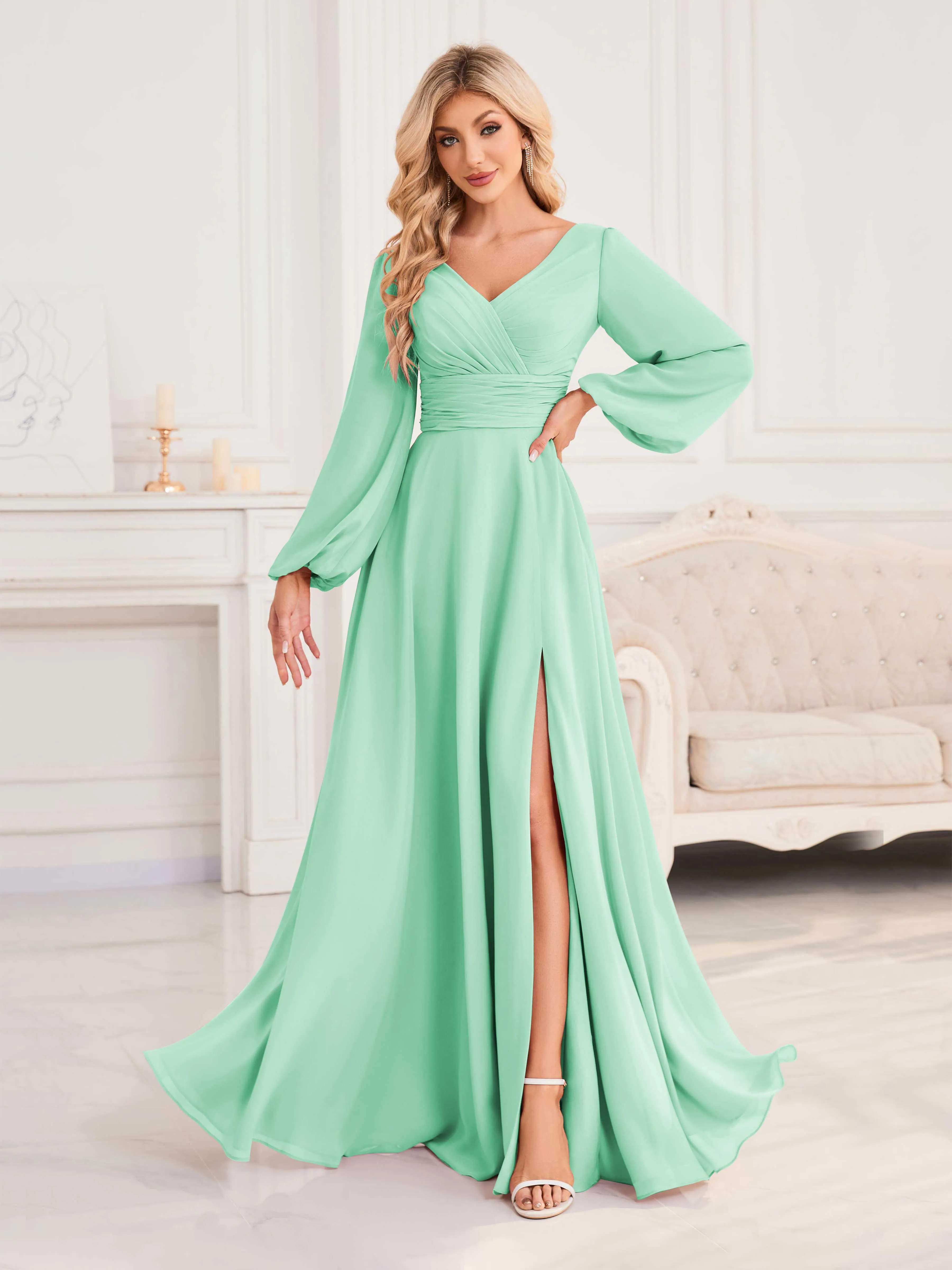 Julie A-Line V Neck Long Sleeves Slit Floor Length Chiffon Bridesmaid Dresses