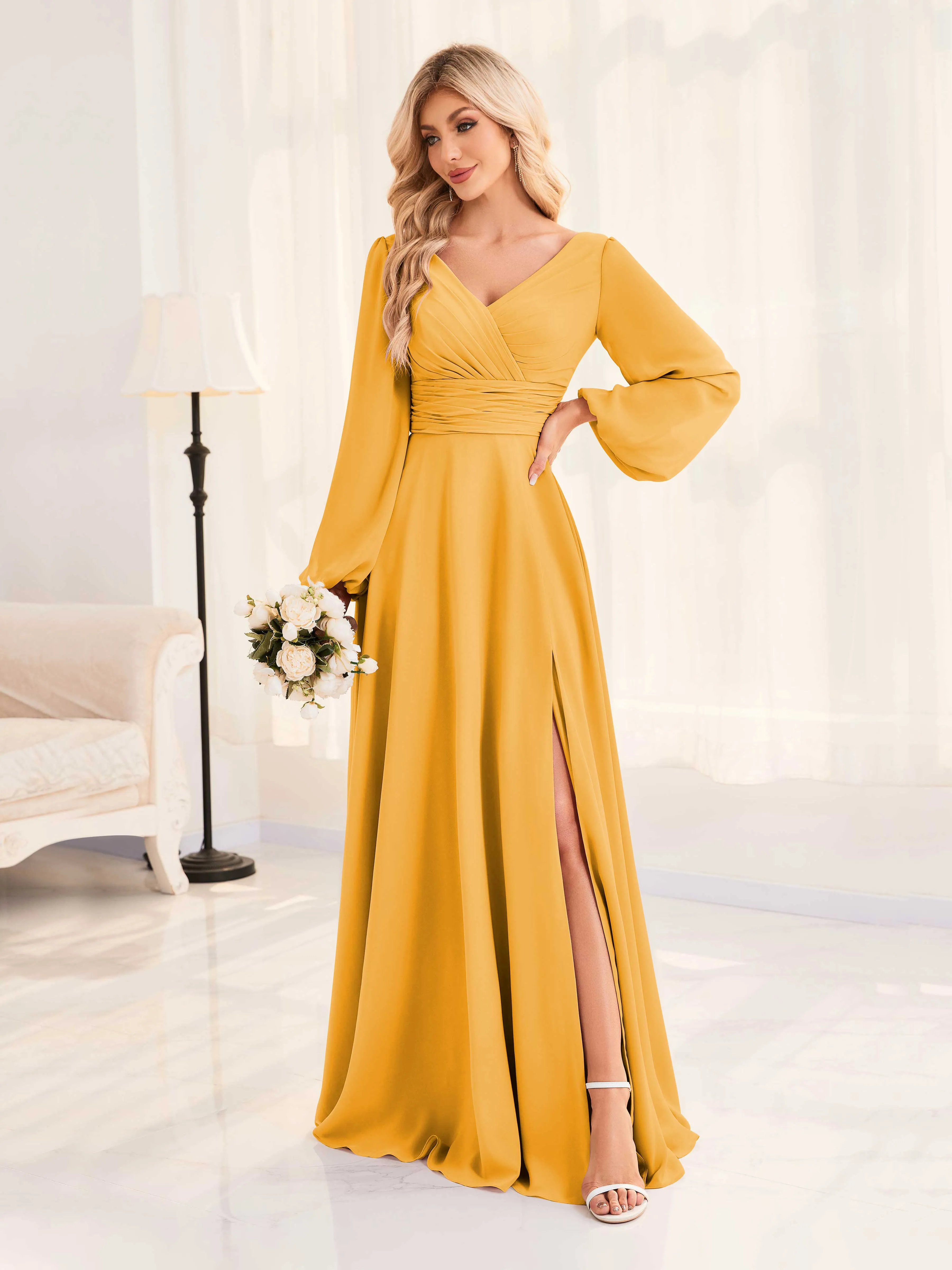 Julie A-Line V Neck Long Sleeves Slit Floor Length Chiffon Bridesmaid Dresses