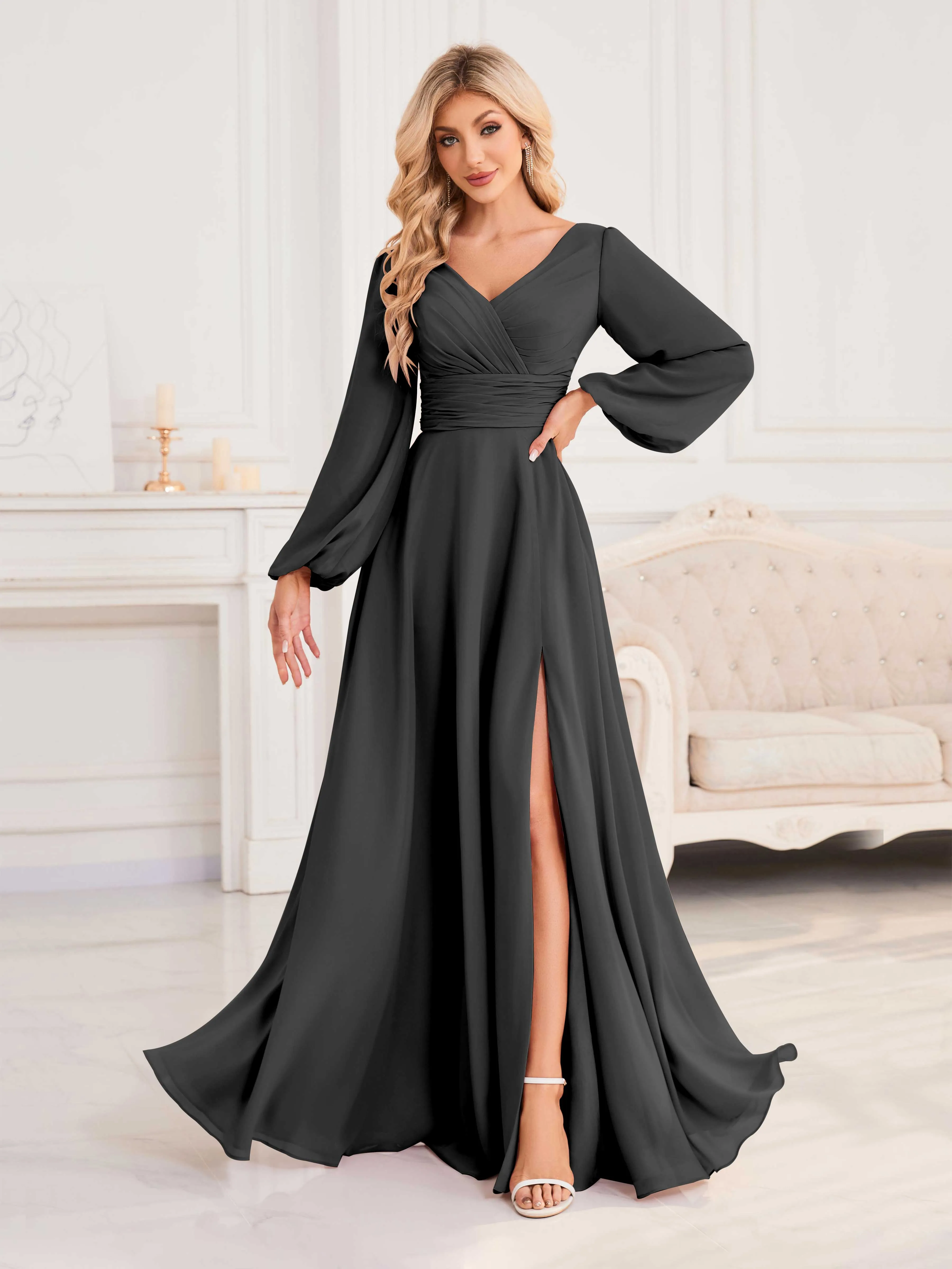 Julie A-Line V Neck Long Sleeves Slit Floor Length Chiffon Bridesmaid Dresses