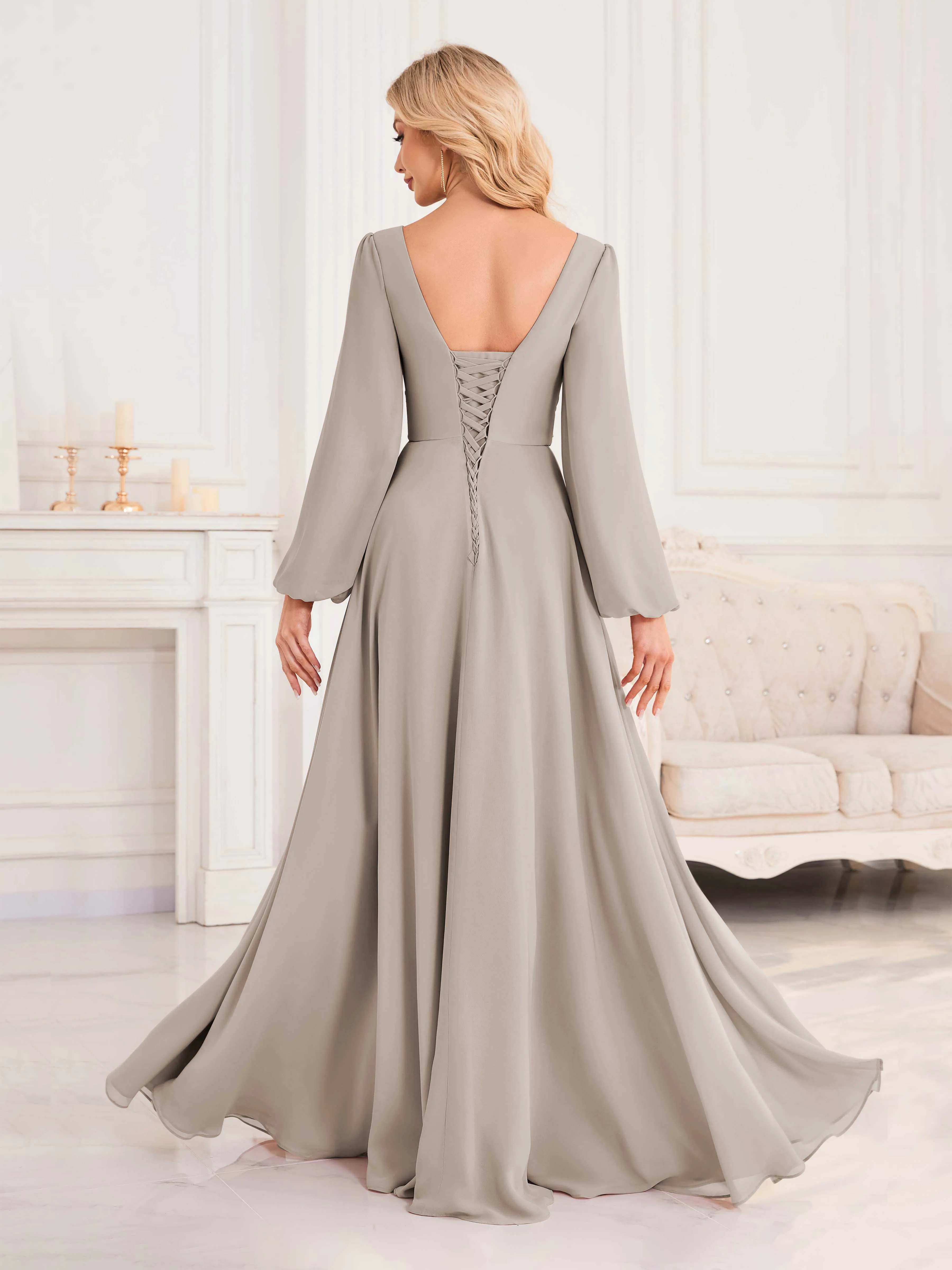 Julie A-Line V Neck Long Sleeves Slit Floor Length Chiffon Bridesmaid Dresses