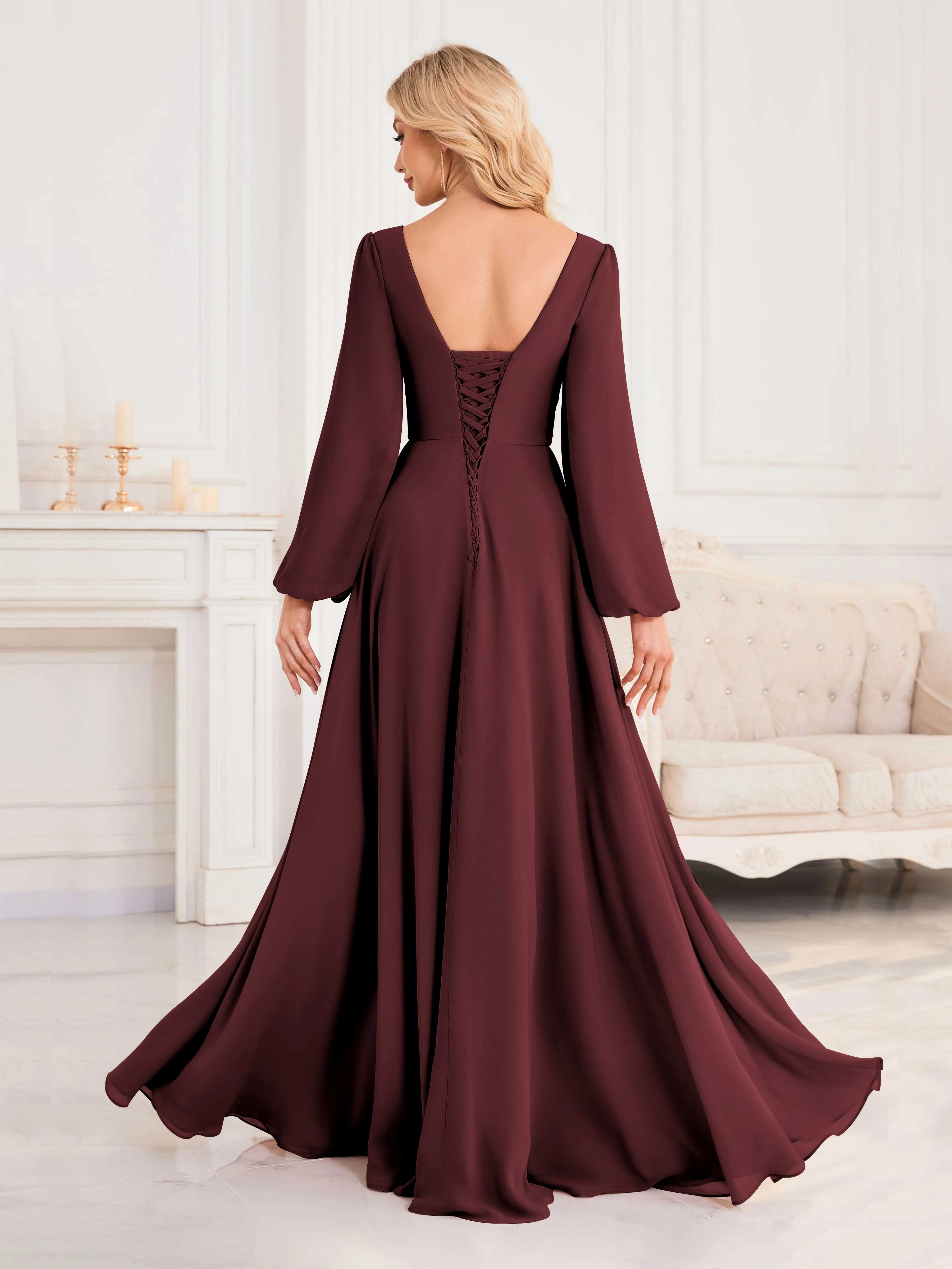 Julie A-Line V Neck Long Sleeves Slit Floor Length Chiffon Bridesmaid Dresses