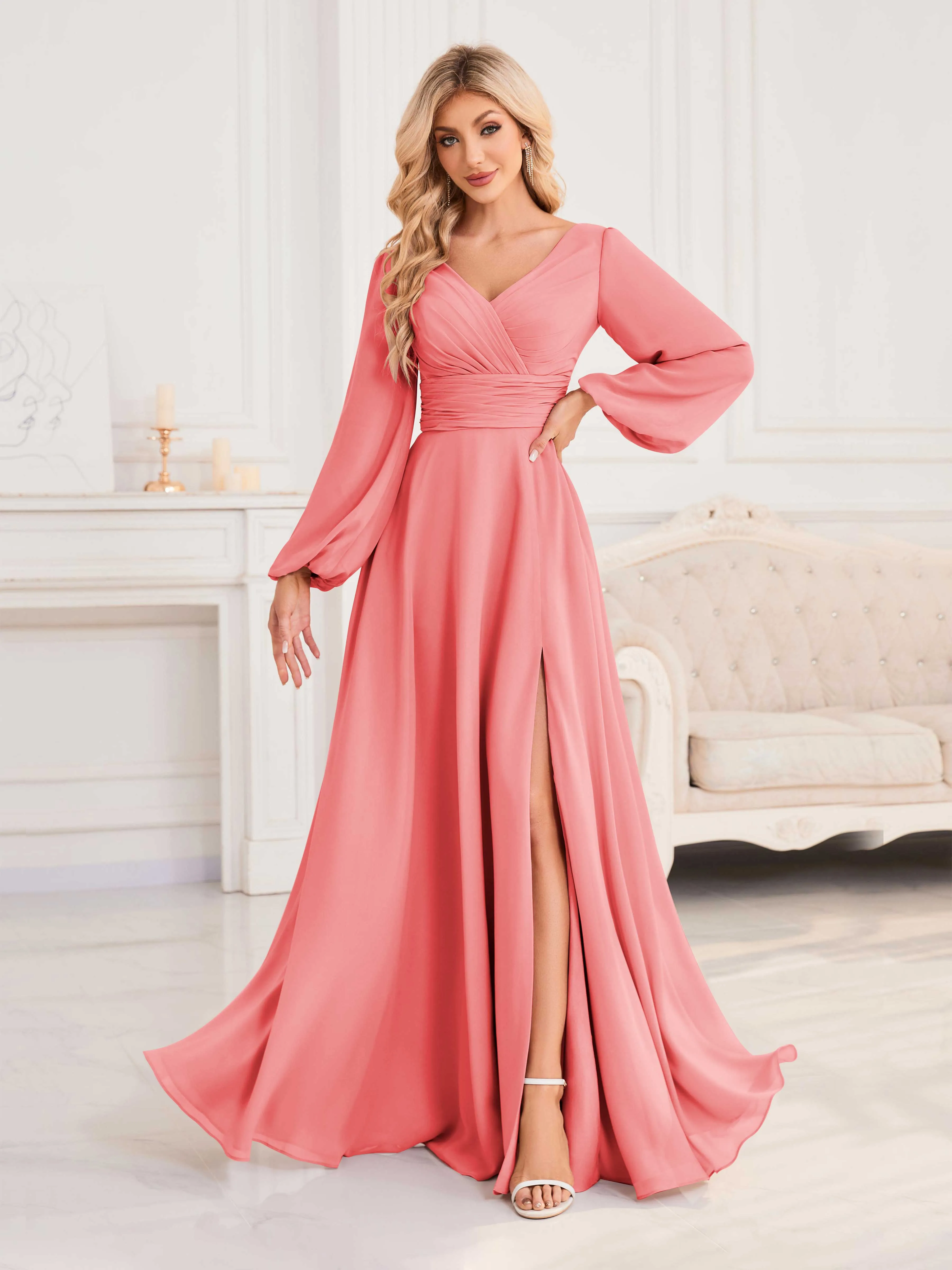 Julie A-Line V Neck Long Sleeves Slit Floor Length Chiffon Bridesmaid Dresses