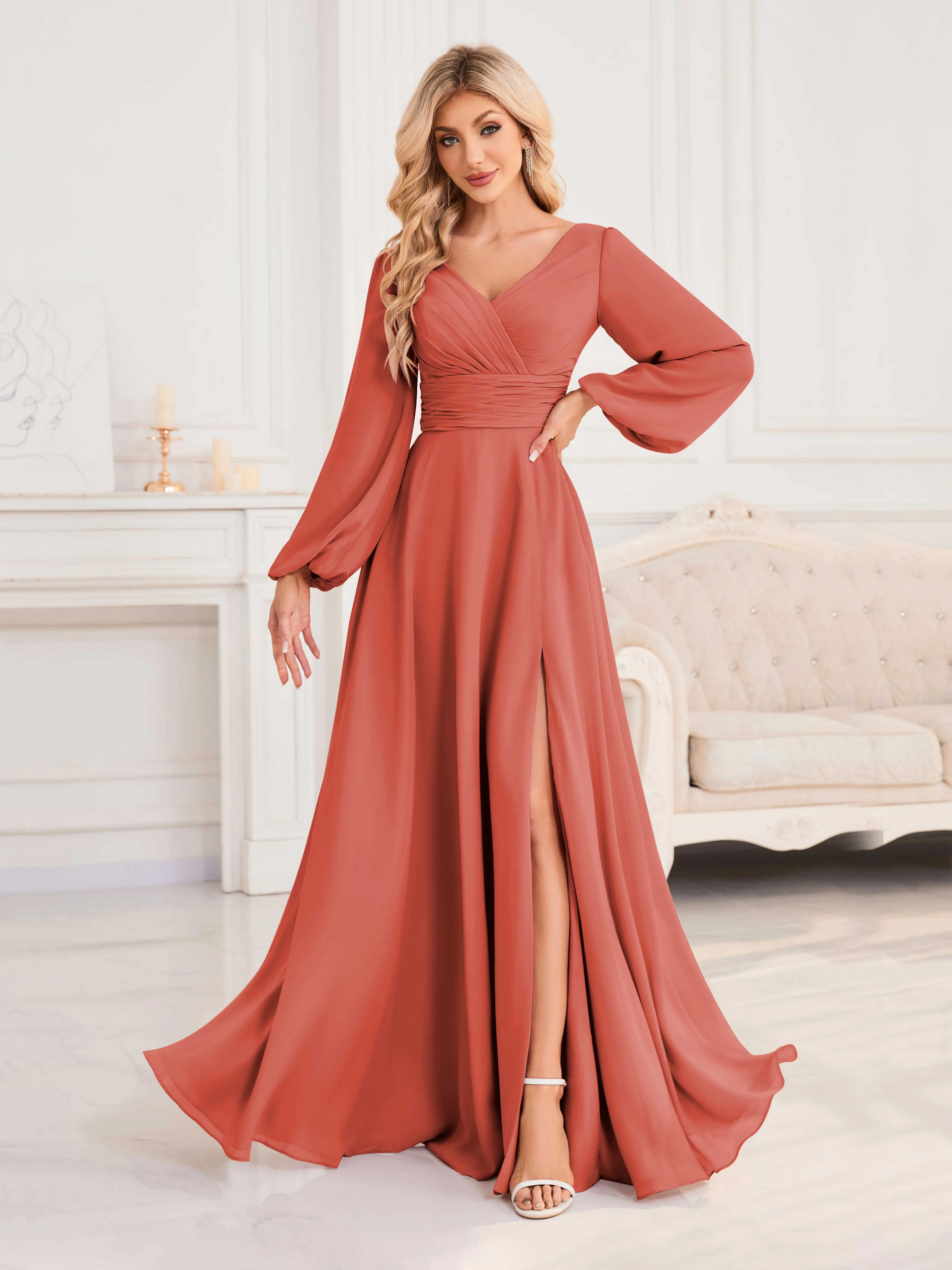 Julie A-Line V Neck Long Sleeves Slit Floor Length Chiffon Bridesmaid Dresses