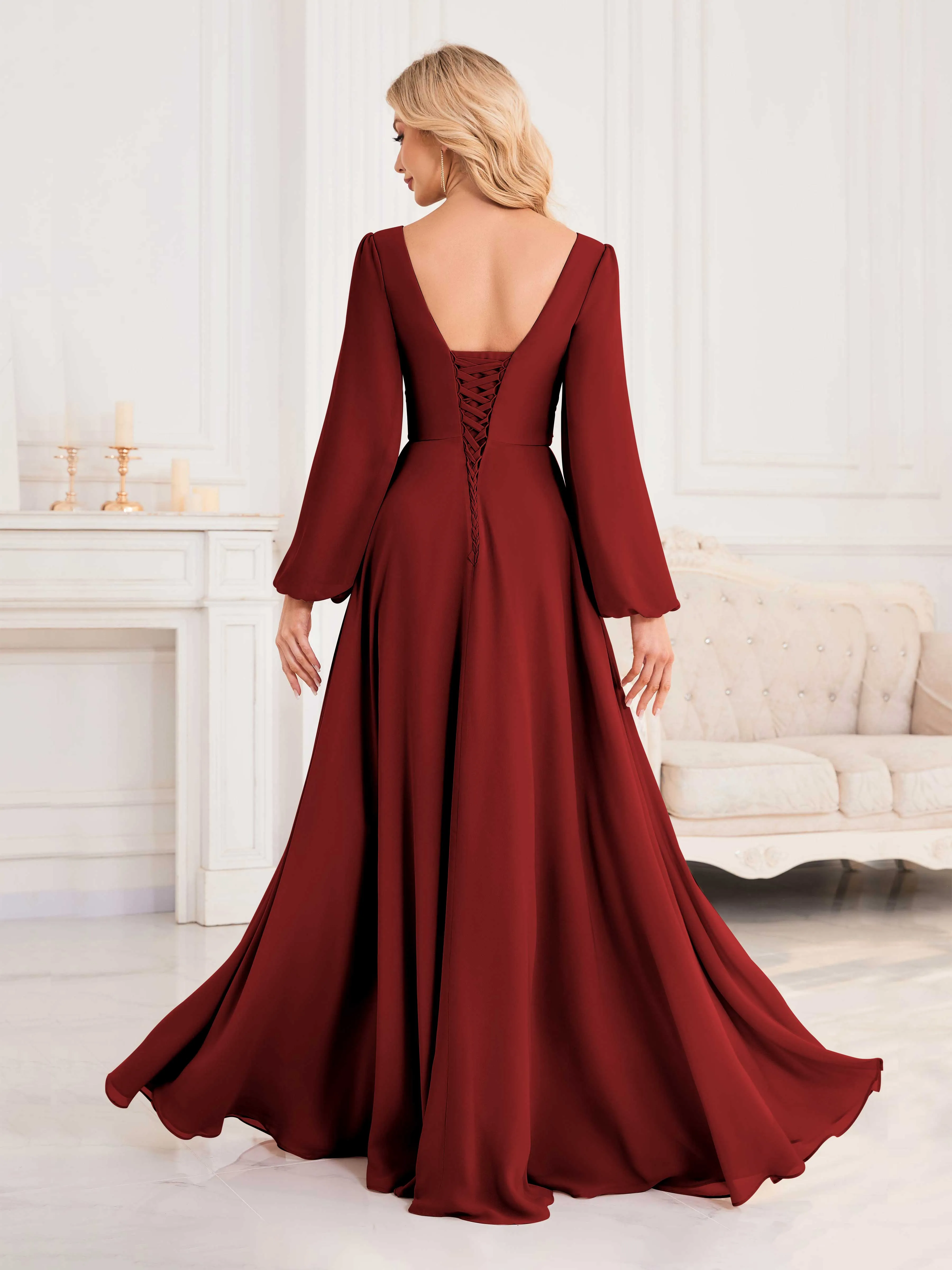 Julie A-Line V Neck Long Sleeves Slit Floor Length Chiffon Bridesmaid Dresses