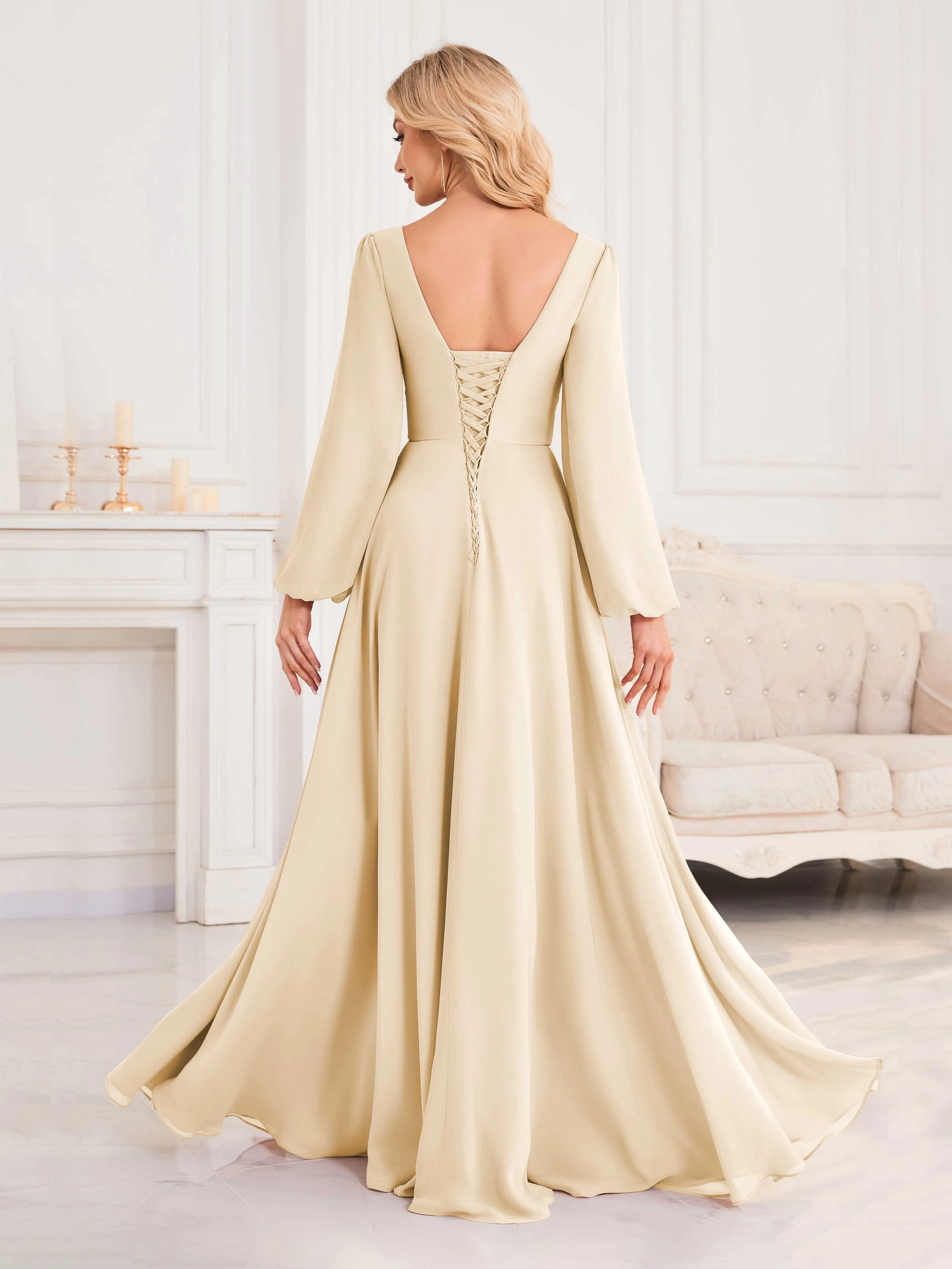 Julie A-Line V Neck Long Sleeves Slit Floor Length Chiffon Bridesmaid Dresses