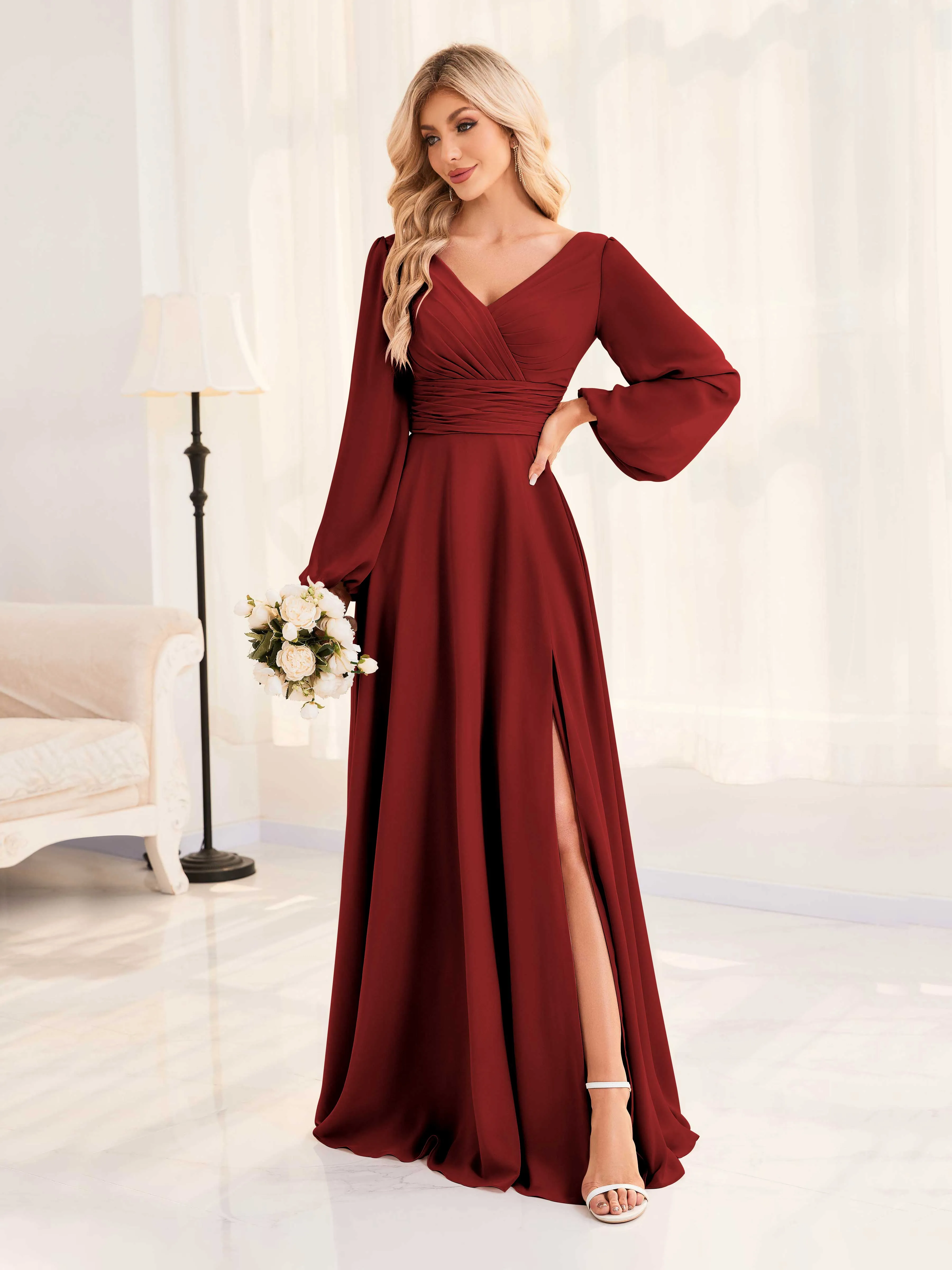 Julie A-Line V Neck Long Sleeves Slit Floor Length Chiffon Bridesmaid Dresses