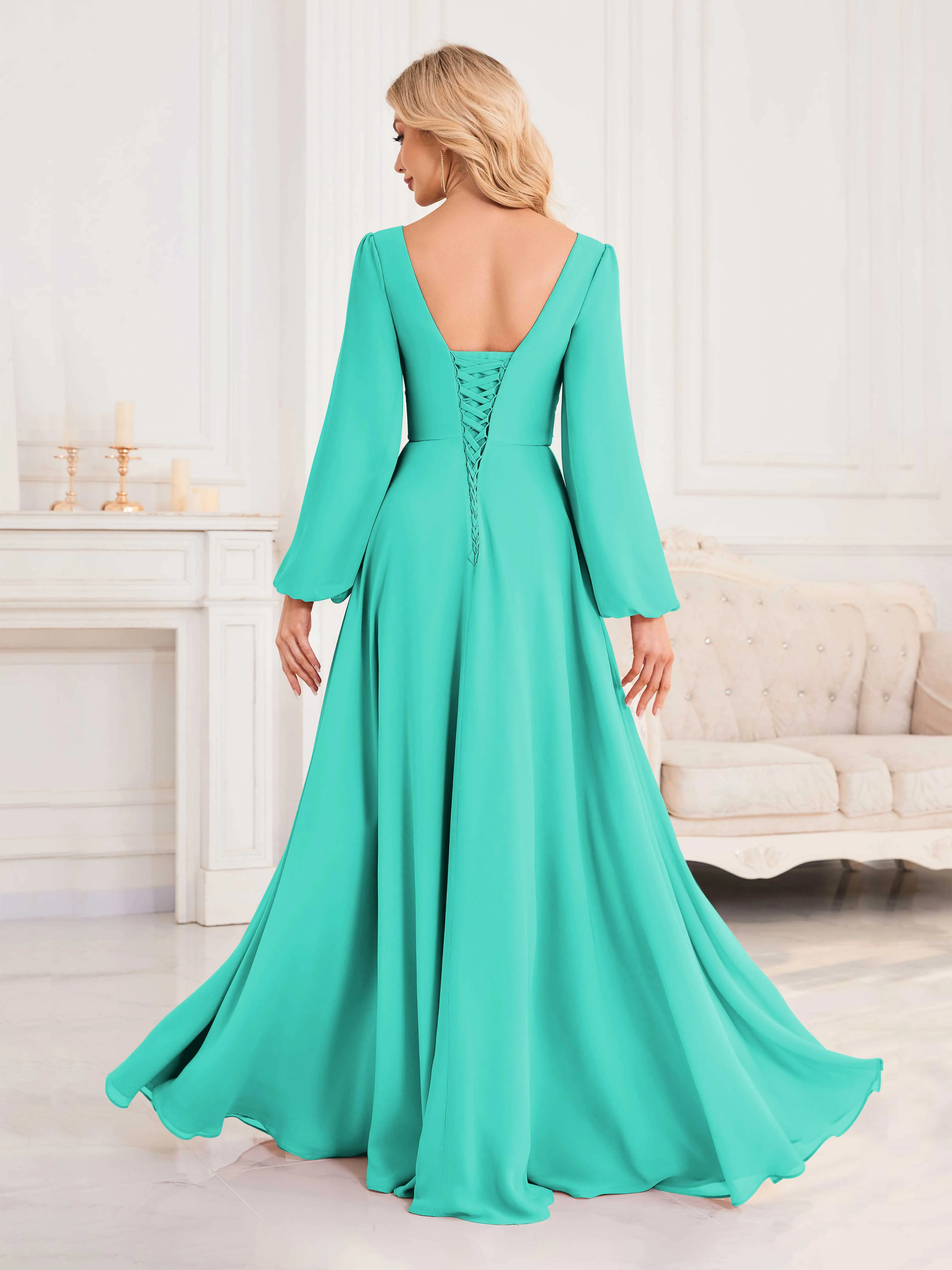 Julie A-Line V Neck Long Sleeves Slit Floor Length Chiffon Bridesmaid Dresses