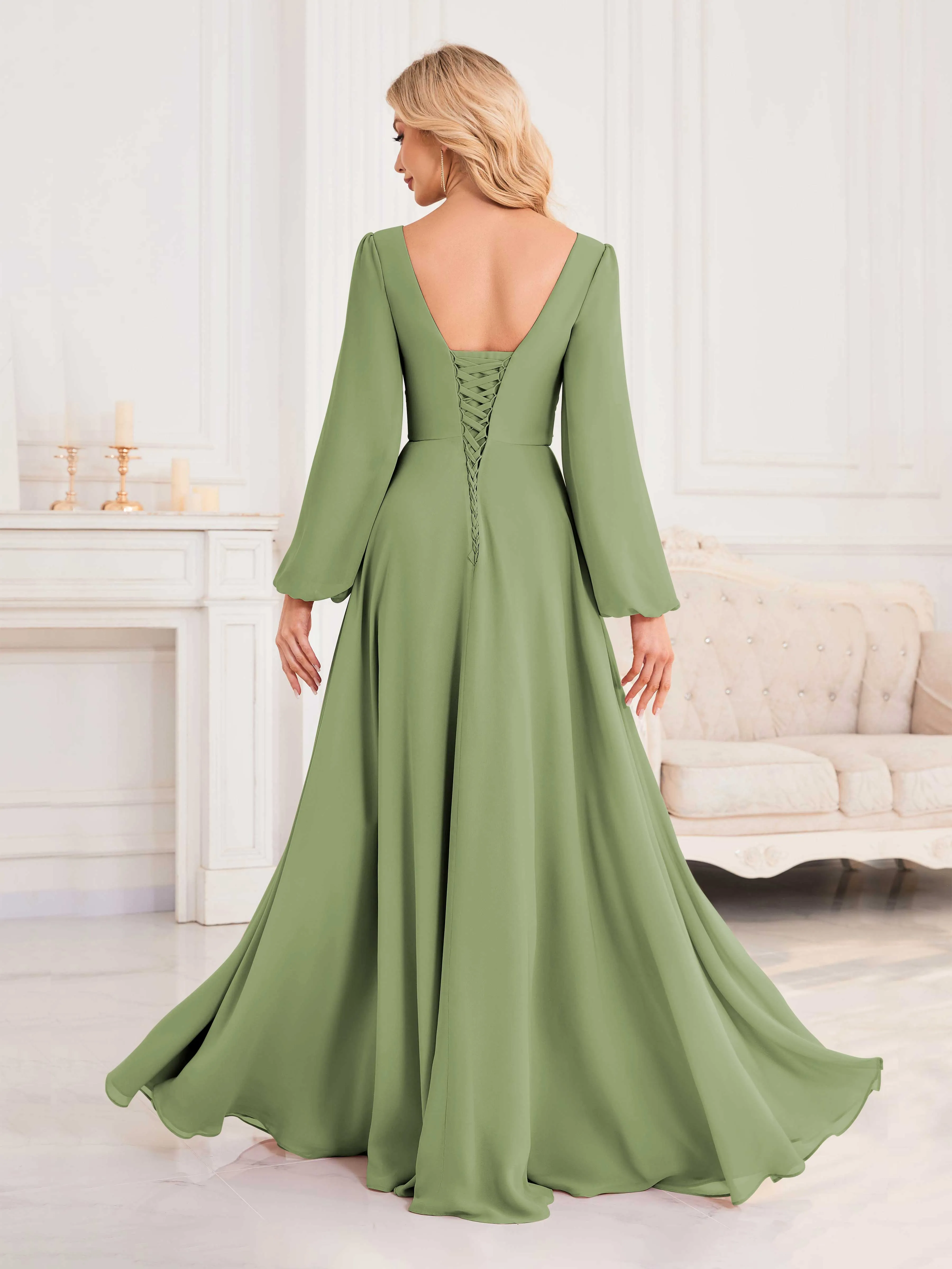 Julie A-Line V Neck Long Sleeves Slit Floor Length Chiffon Bridesmaid Dresses